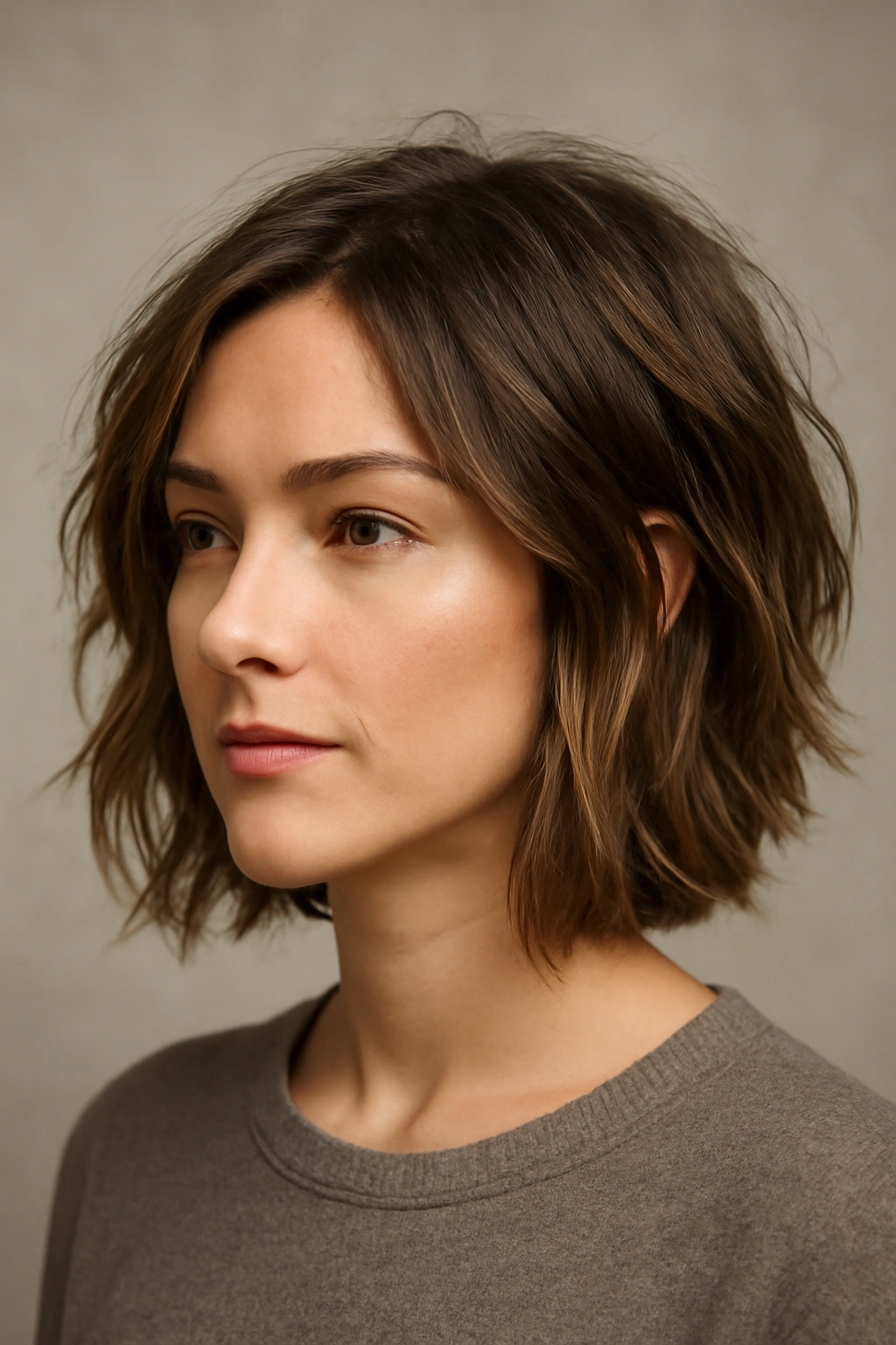 Frontal view of a textured lob haircut showing layered movement from chin to below chin