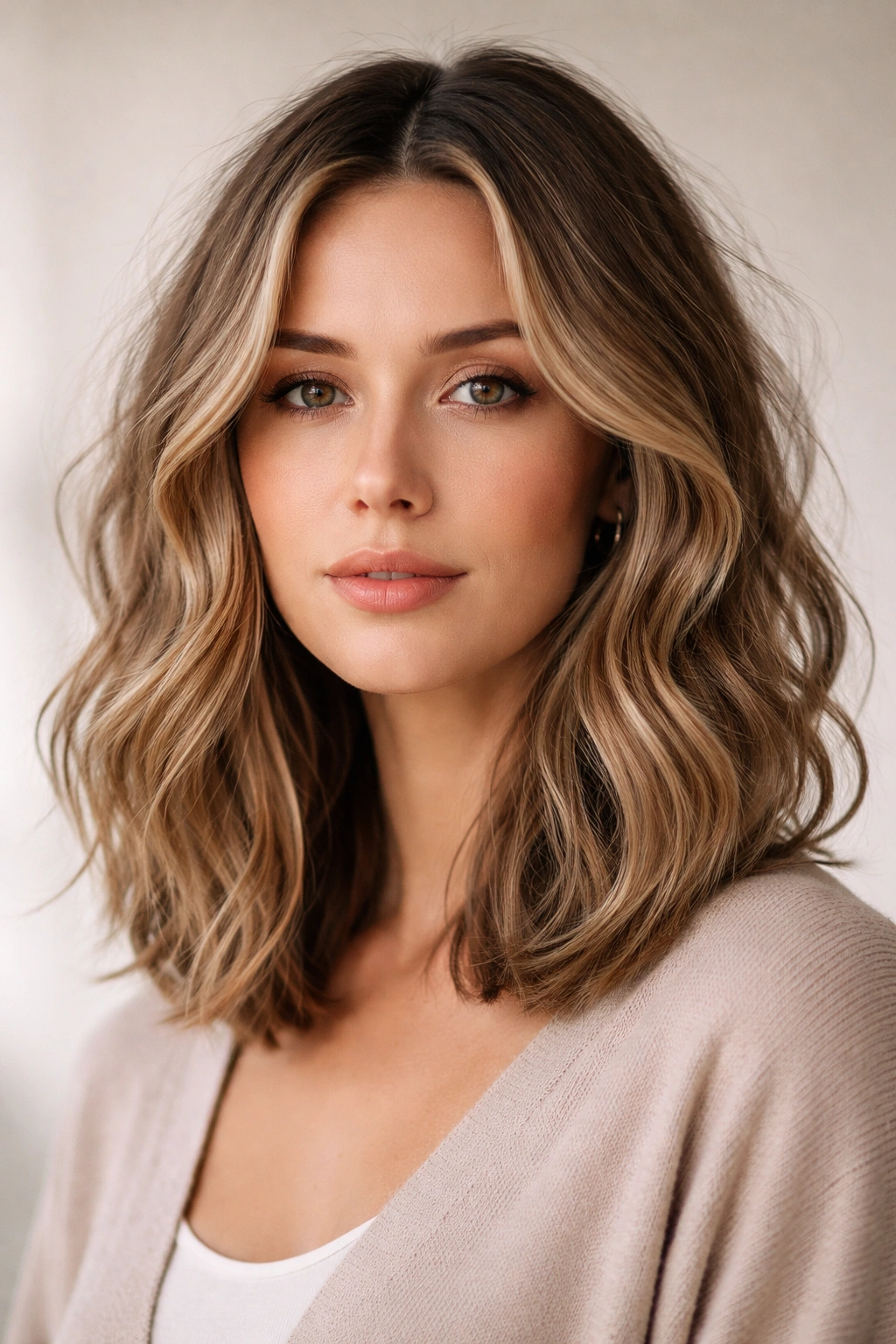 Oblong-faced person with a textured lob and wavy hair