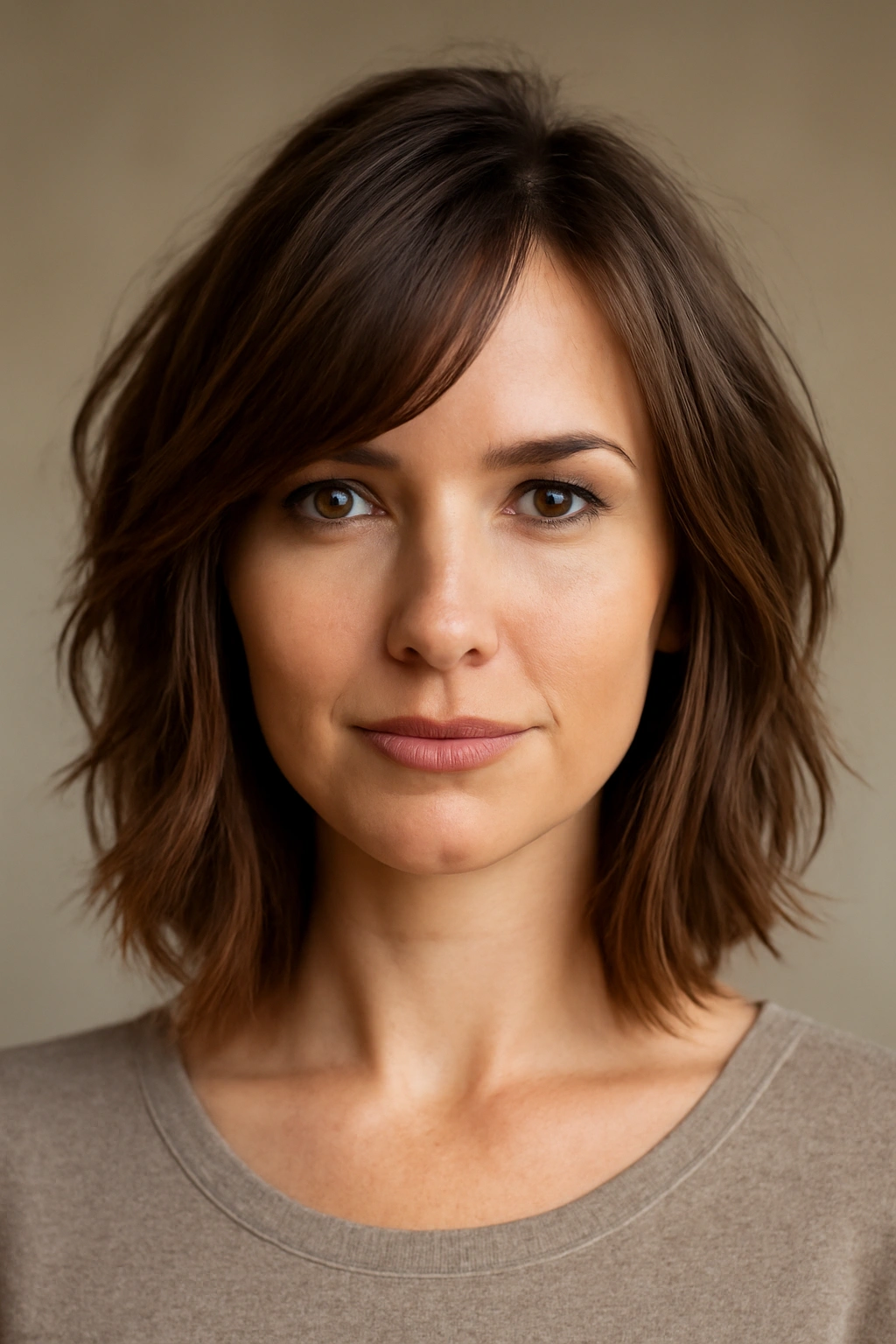Close-up of a textured lob with side layers framing the face