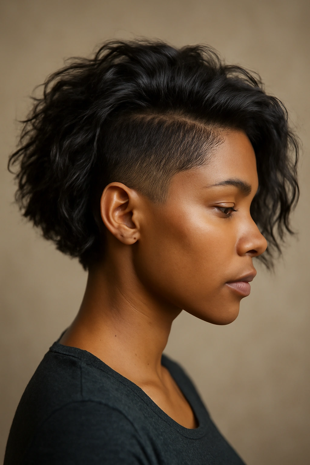 Side profile of a Black woman with textured lob and undercut.