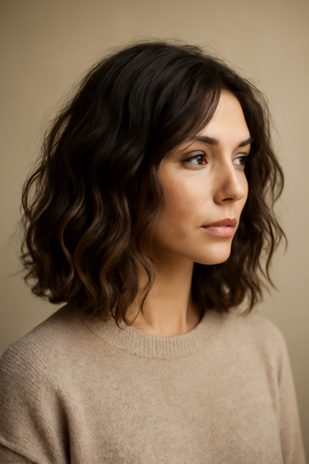 Textured long bob with loose waves and internal layers