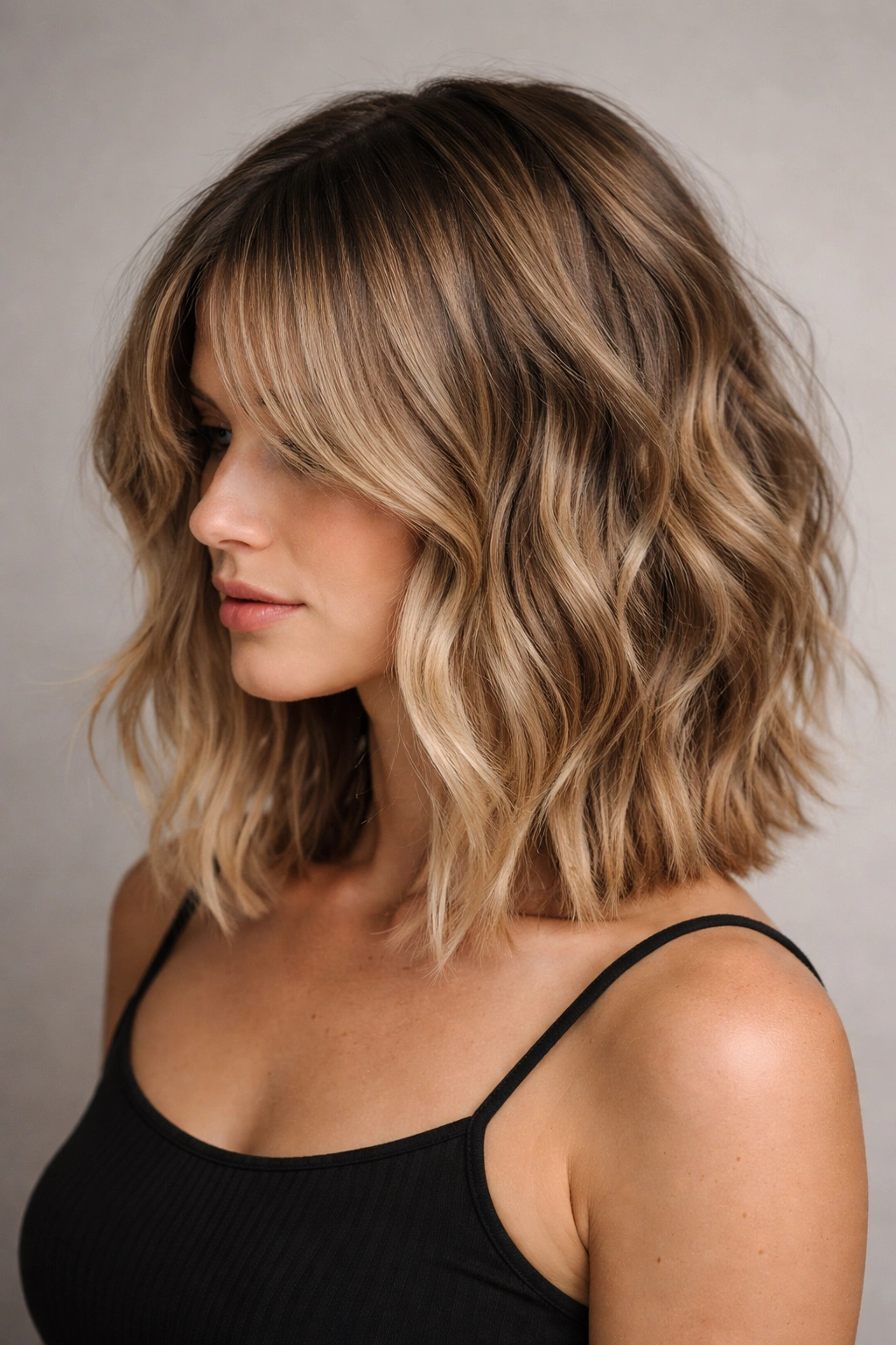 Close-up profile of The Textured Lob With Hidden Layers showing blunt front with hidden layered back in soft waves