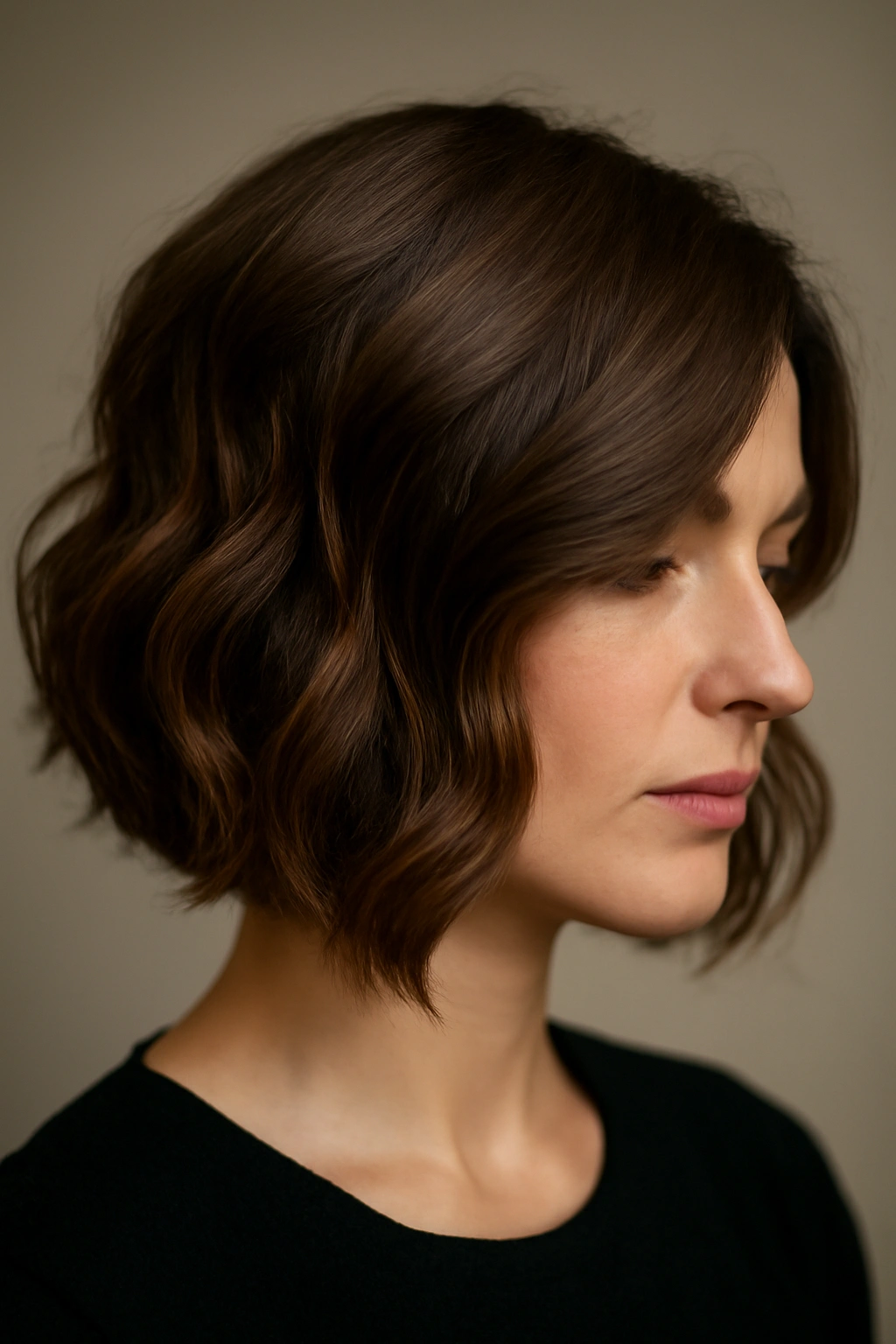 Textured shoulder-length lob with tucked sections for a structured look.