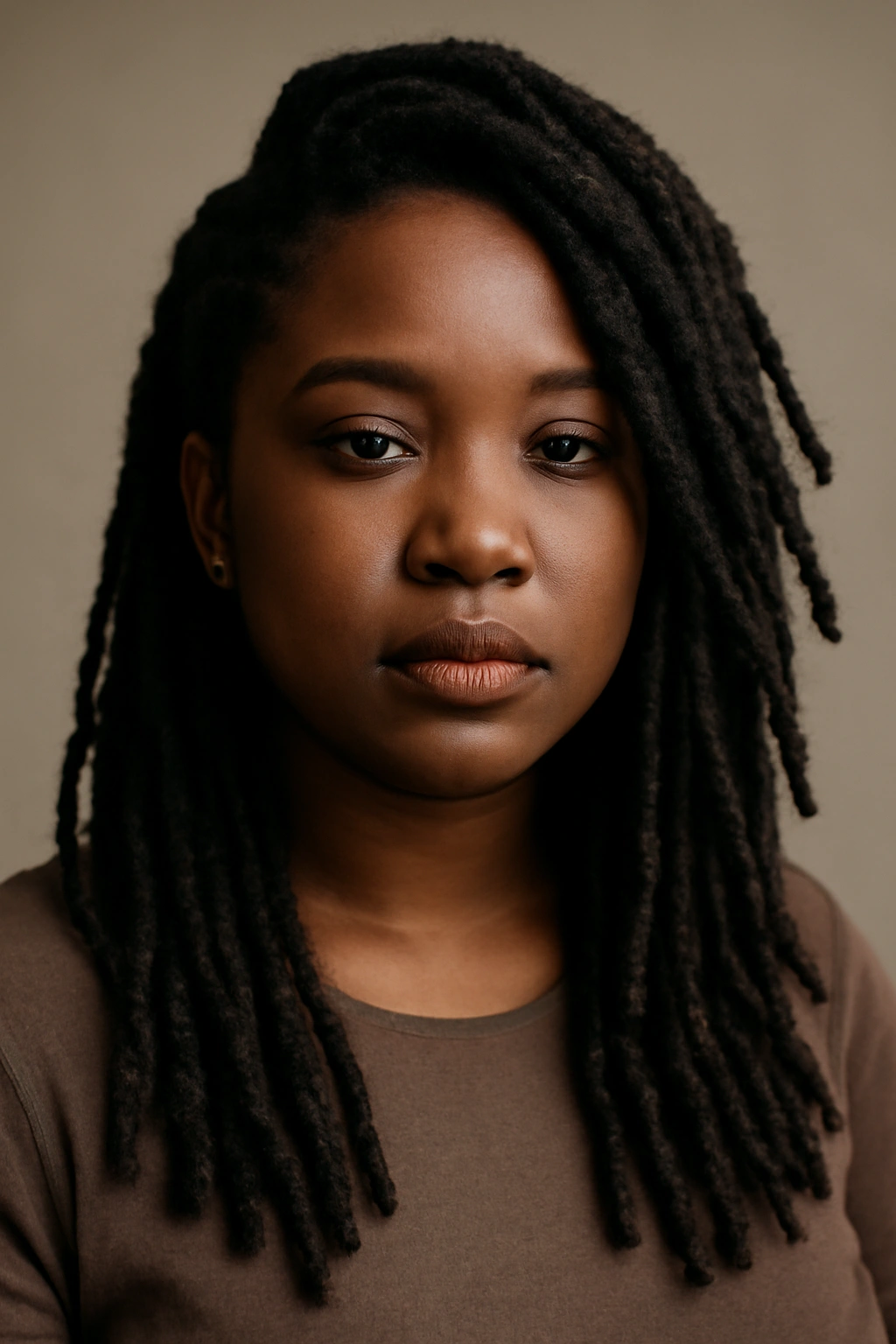 Close-up portrait of a Black woman with textured locs pinned back asymmetrically