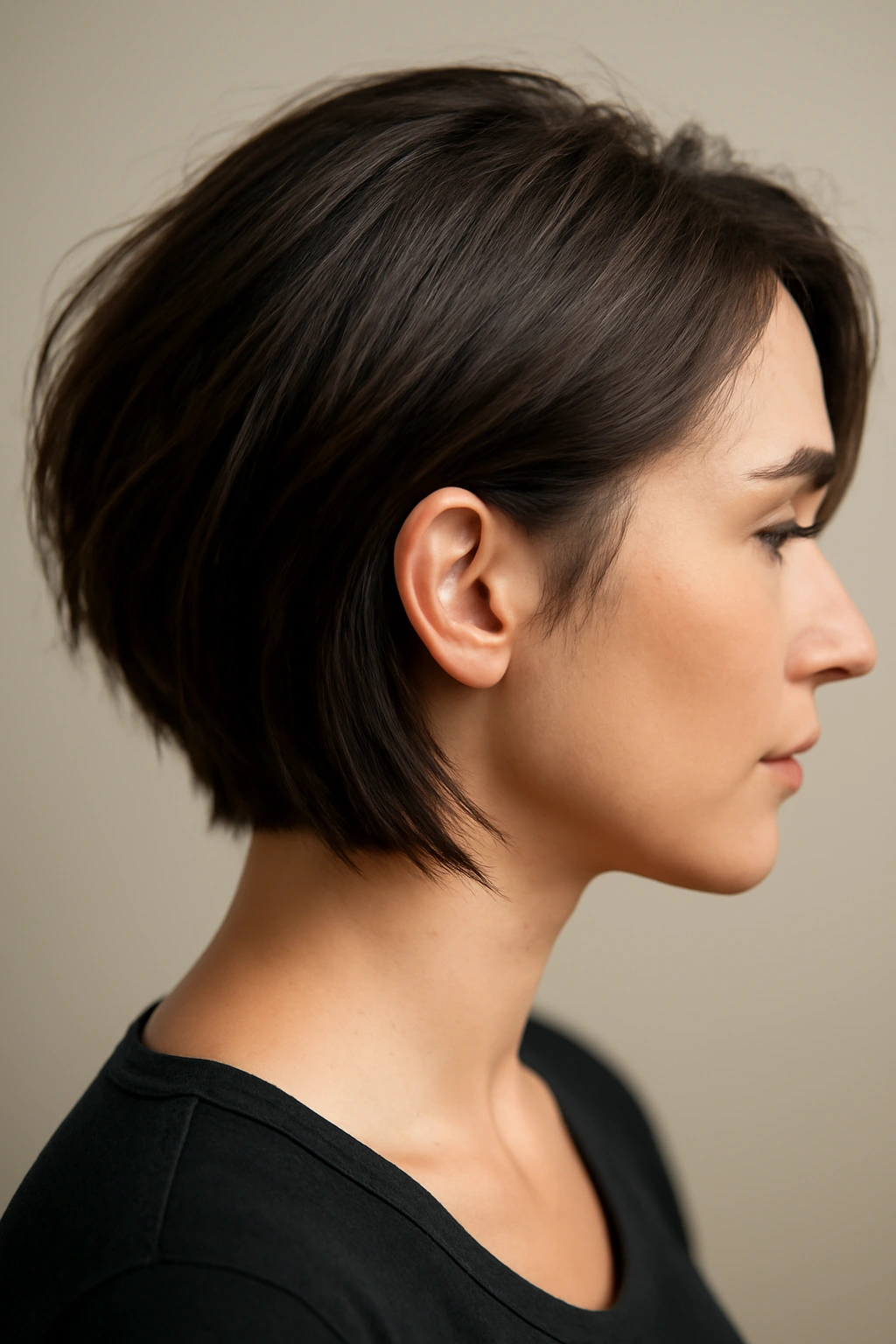 Close-up of a textured long bob with hidden undercut at the nape