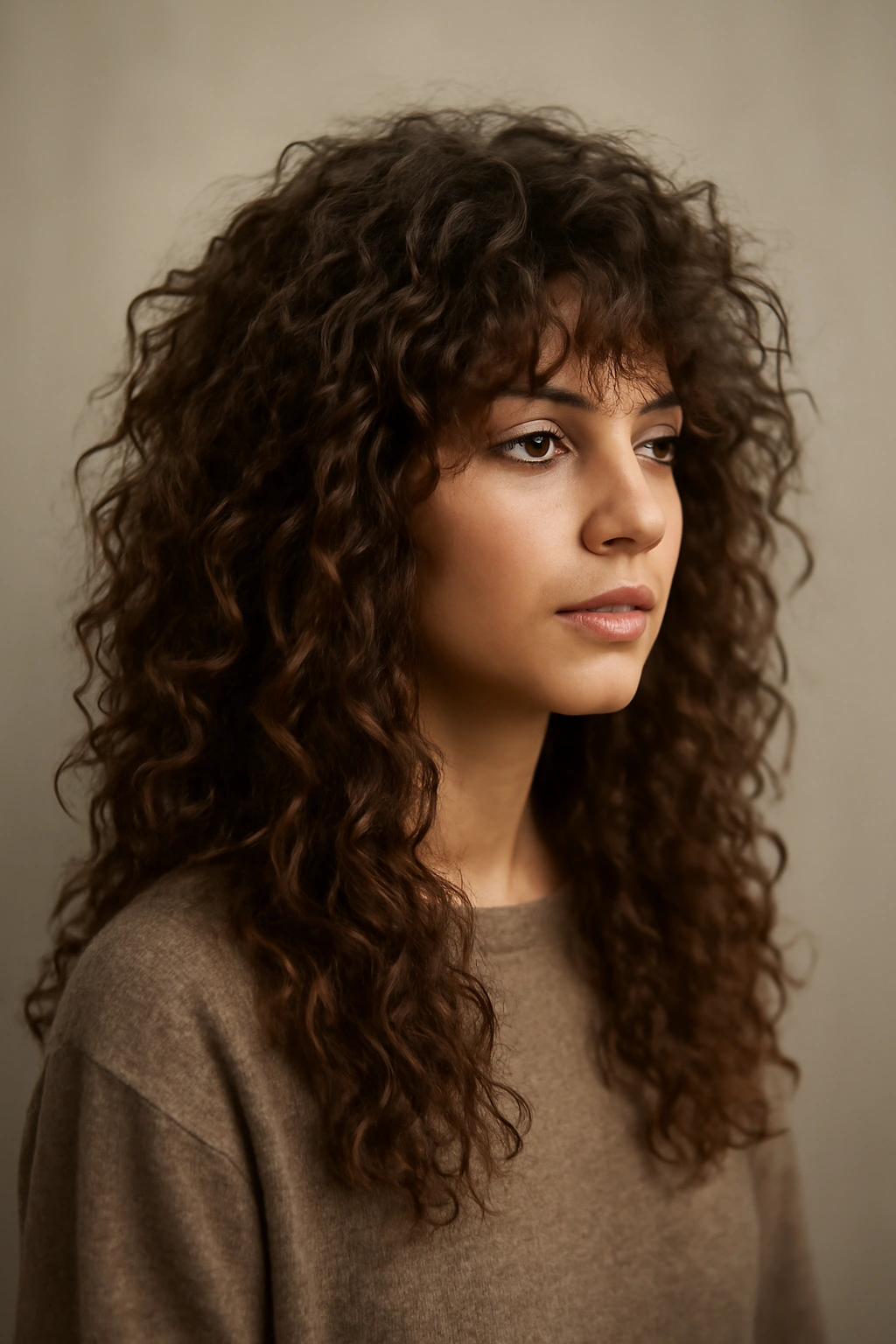 Long shag with thick curls and textured layers from crown to mid-back