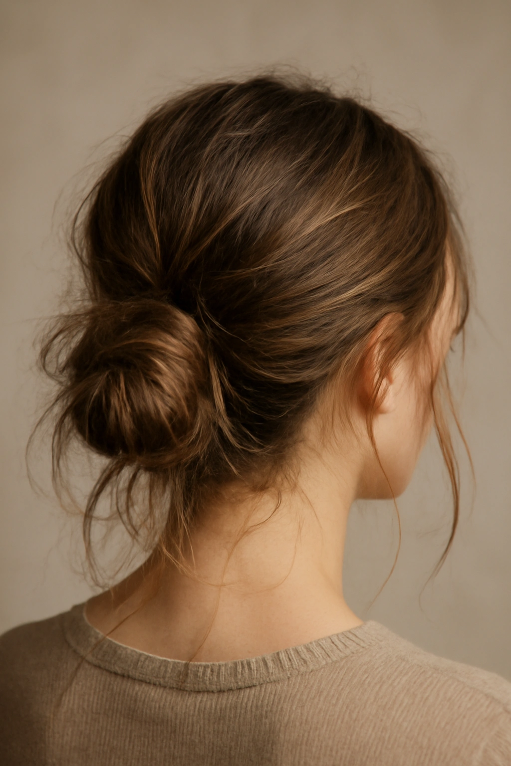 Back view of textured low bun with a messy finish and loose strands