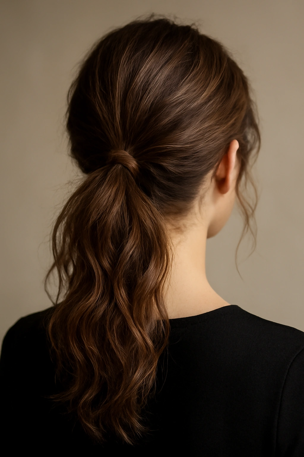 Low ponytail with visible waves and texture at the nape in a studio setting
