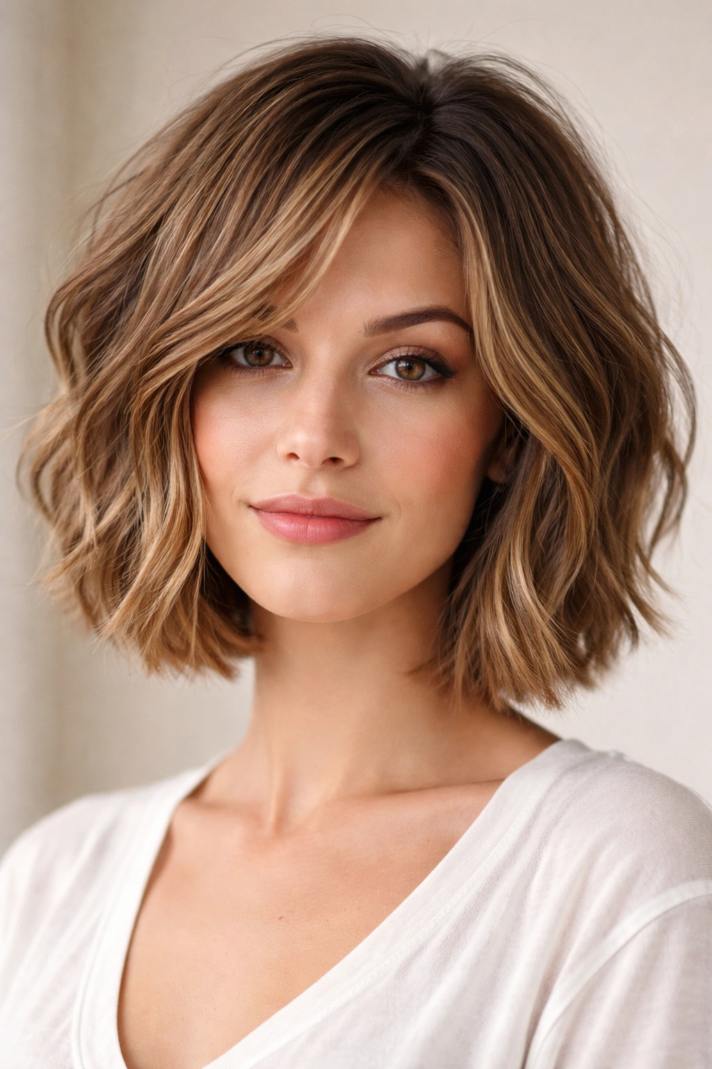 Close-up of textured medium bob with crown lift and angled front pieces