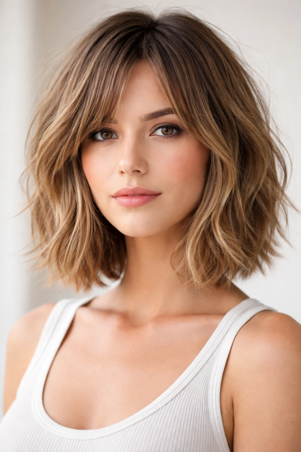 Close-up of a textured medium bob with choppy layers and volume