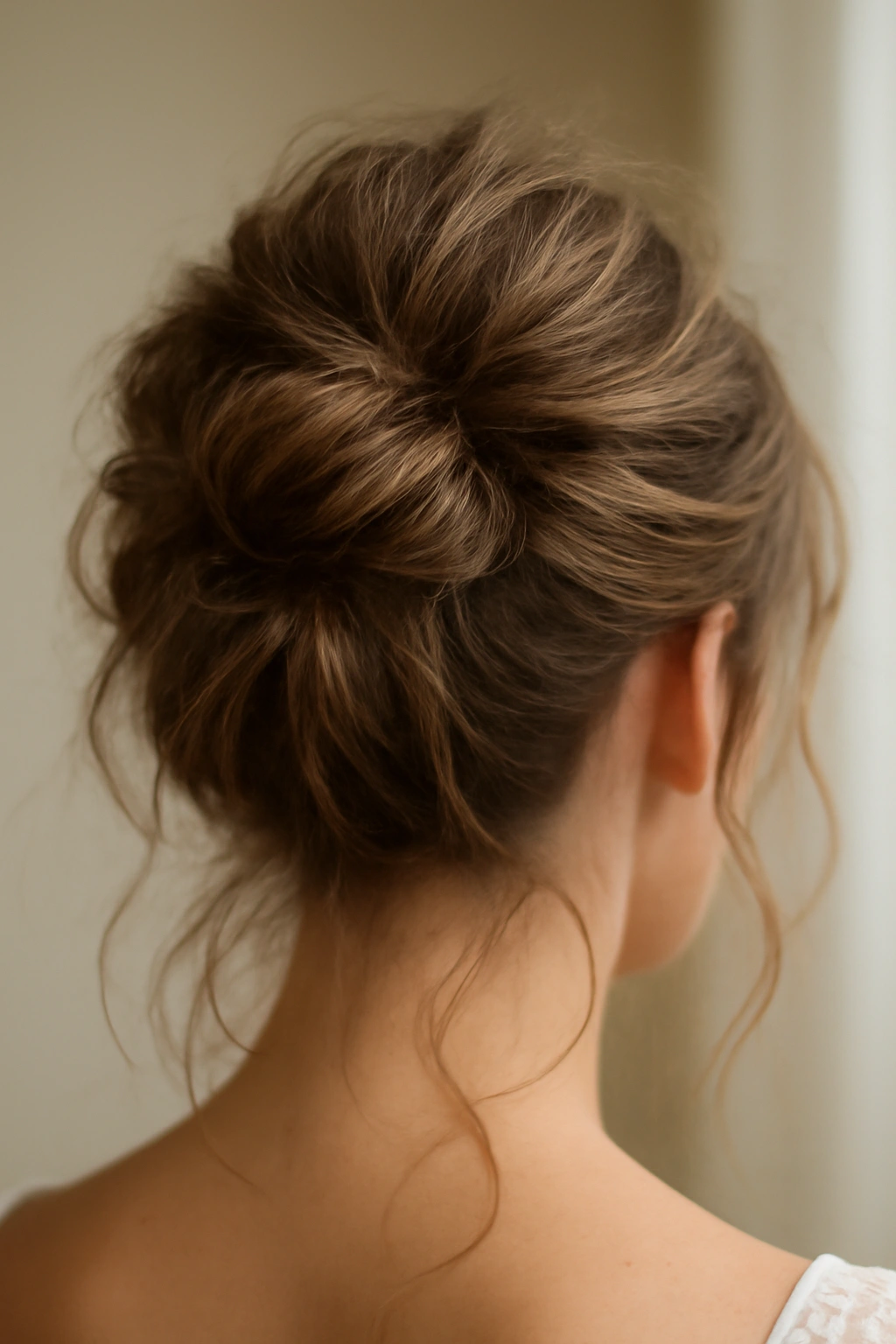 Textured messy bun with loose strands for a modern wedding look