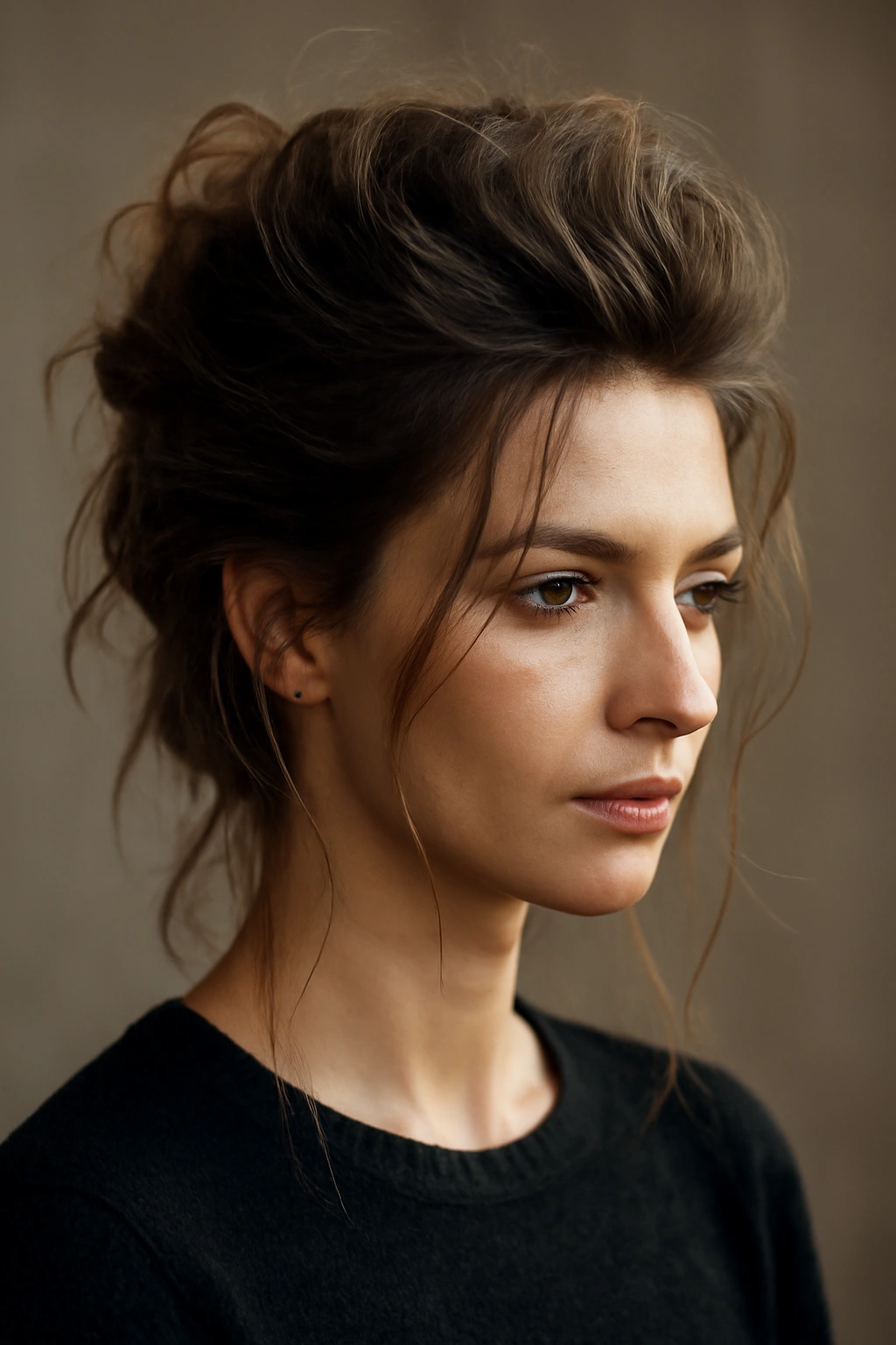 Portrait of a textured messy pompadour with visible height and texture.