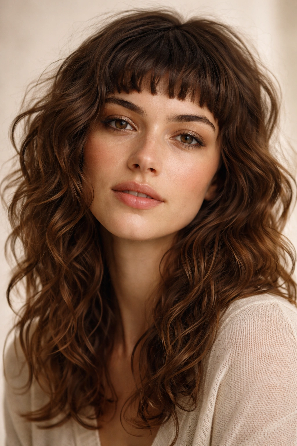 Close-up of textured micro-bangs above eyebrows on wavy hair