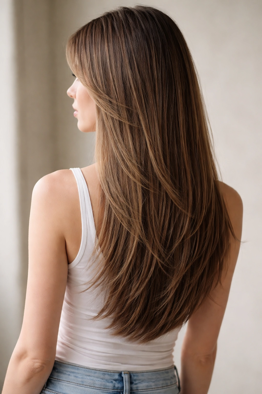 Medium-to-long straight hair with gradual integrated layers catching light