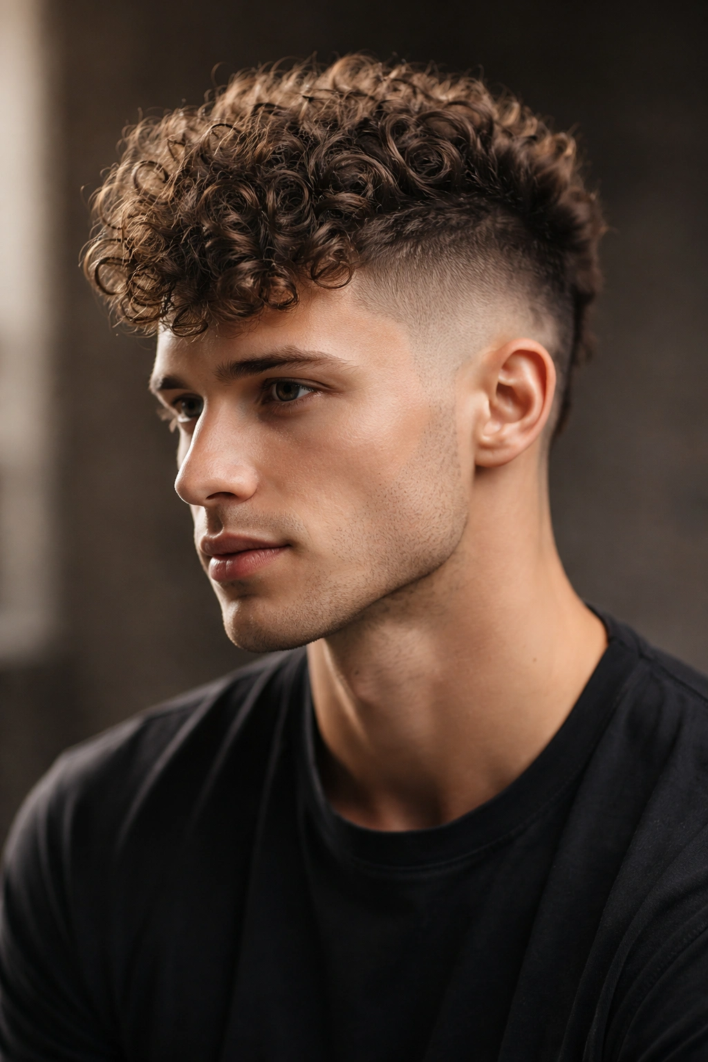 Center-length curly mohawk crop with faded sides.