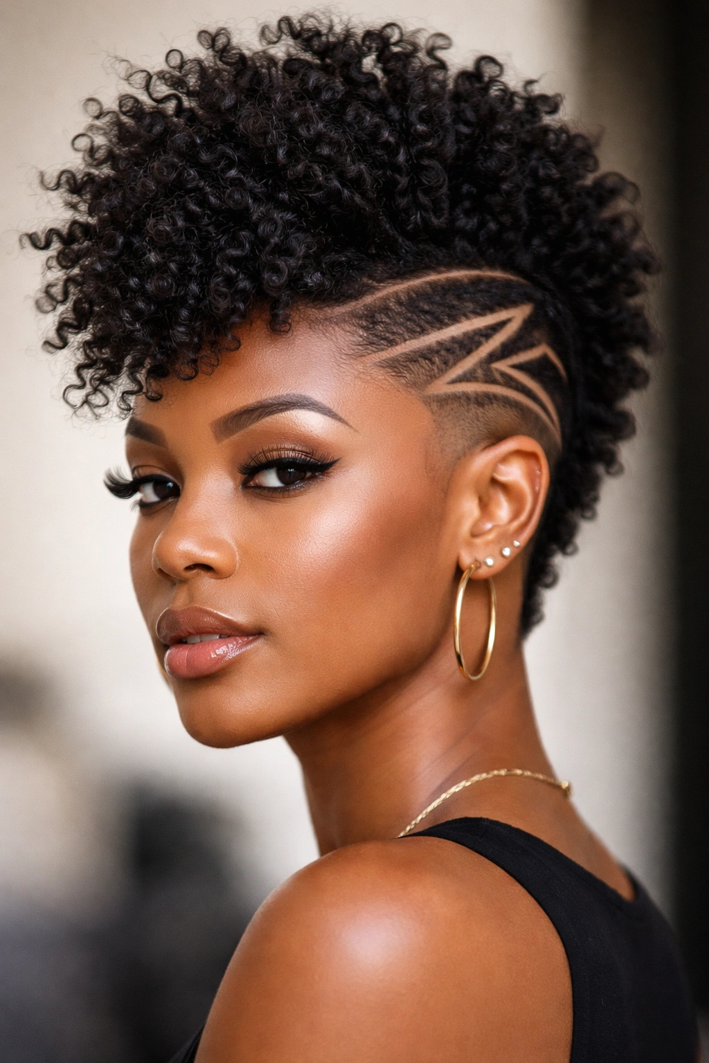 Mohawk with shaved sides featuring geometric designs