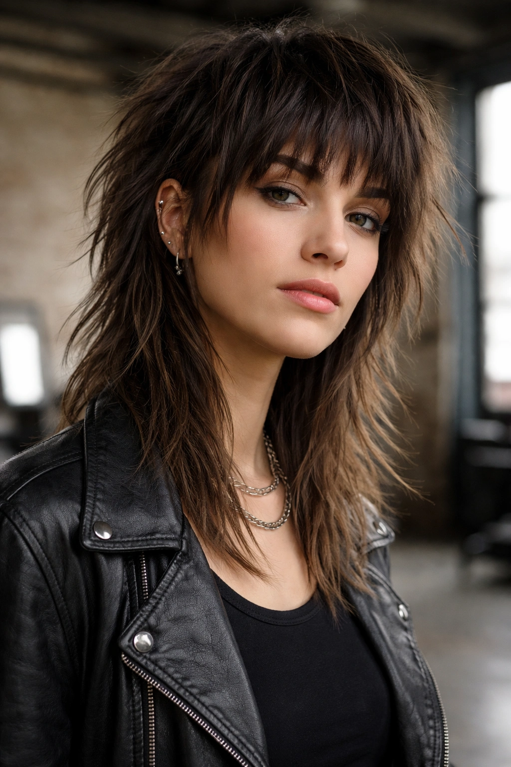 Textured mullet with choppy bangs in a bold, modern silhouette