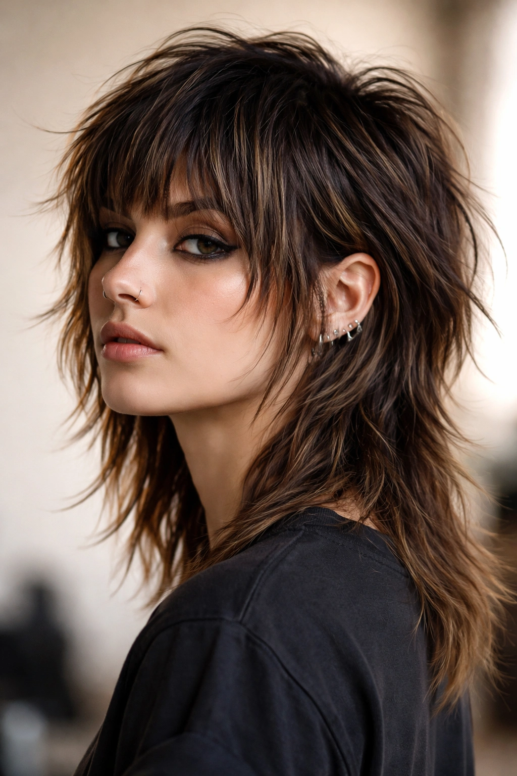 Portrait of a person with a textured mullet bob showing short front and longer back.