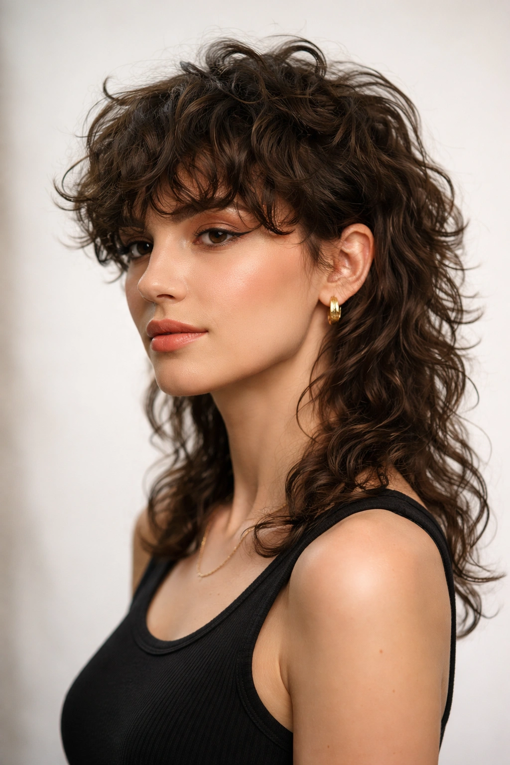 Textured mullet with curly fringe hairstyle