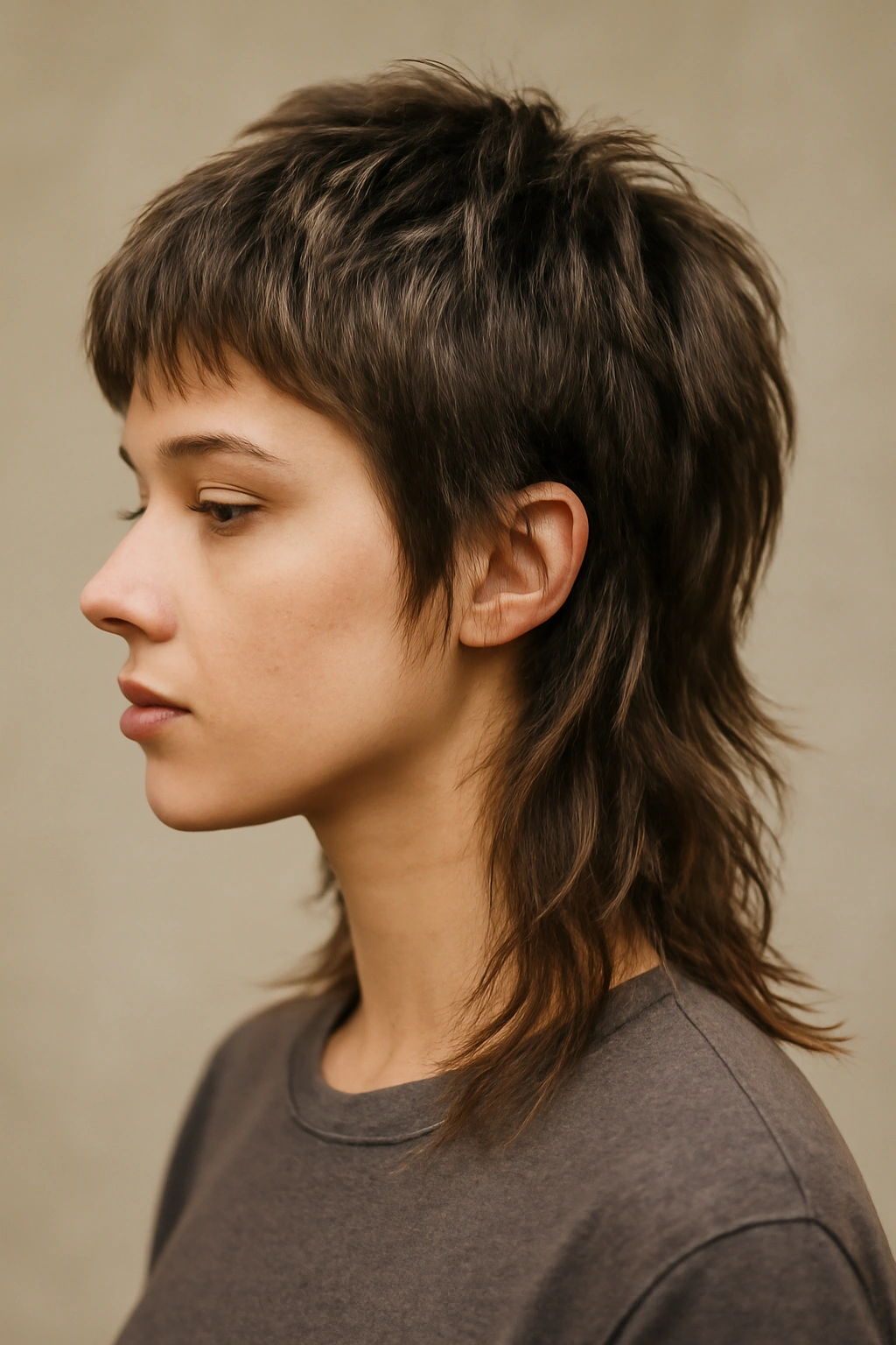 Profile view of a textured mullet showing short front and longer back layers