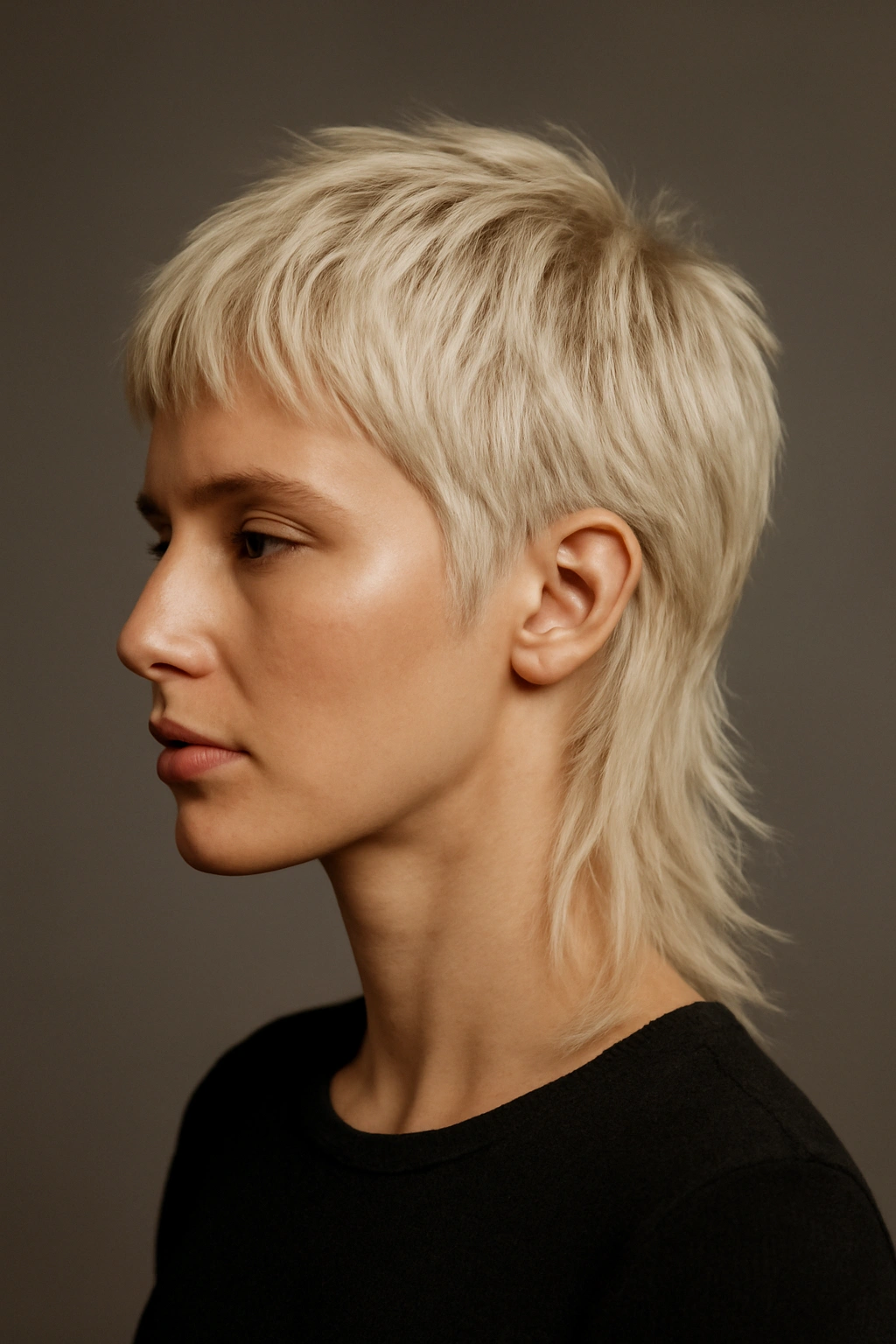 Profile view of platinum blonde textured mullet with front short and back long