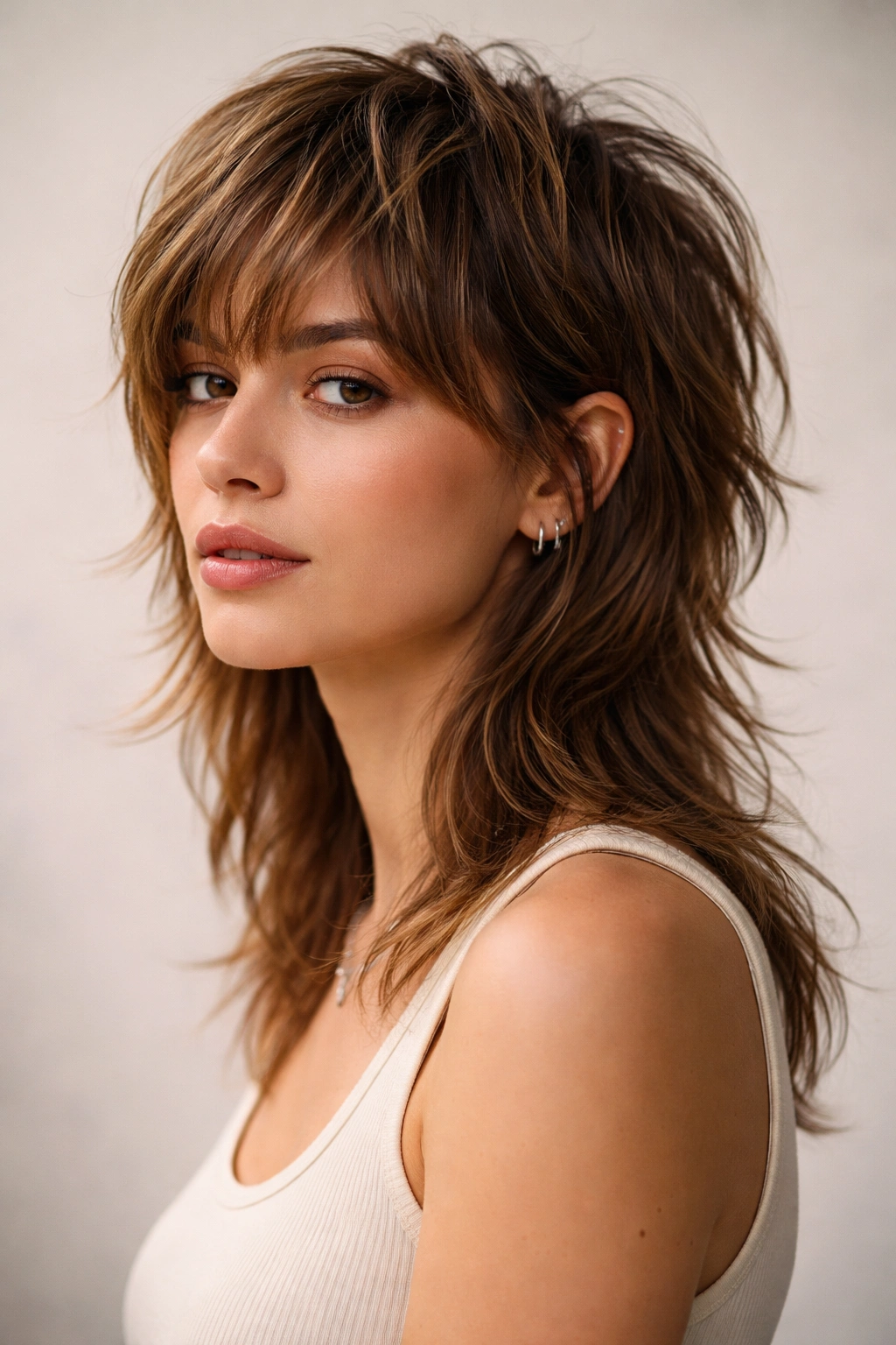 Close-up portrait of a person with a textured modern mullet hairstyle