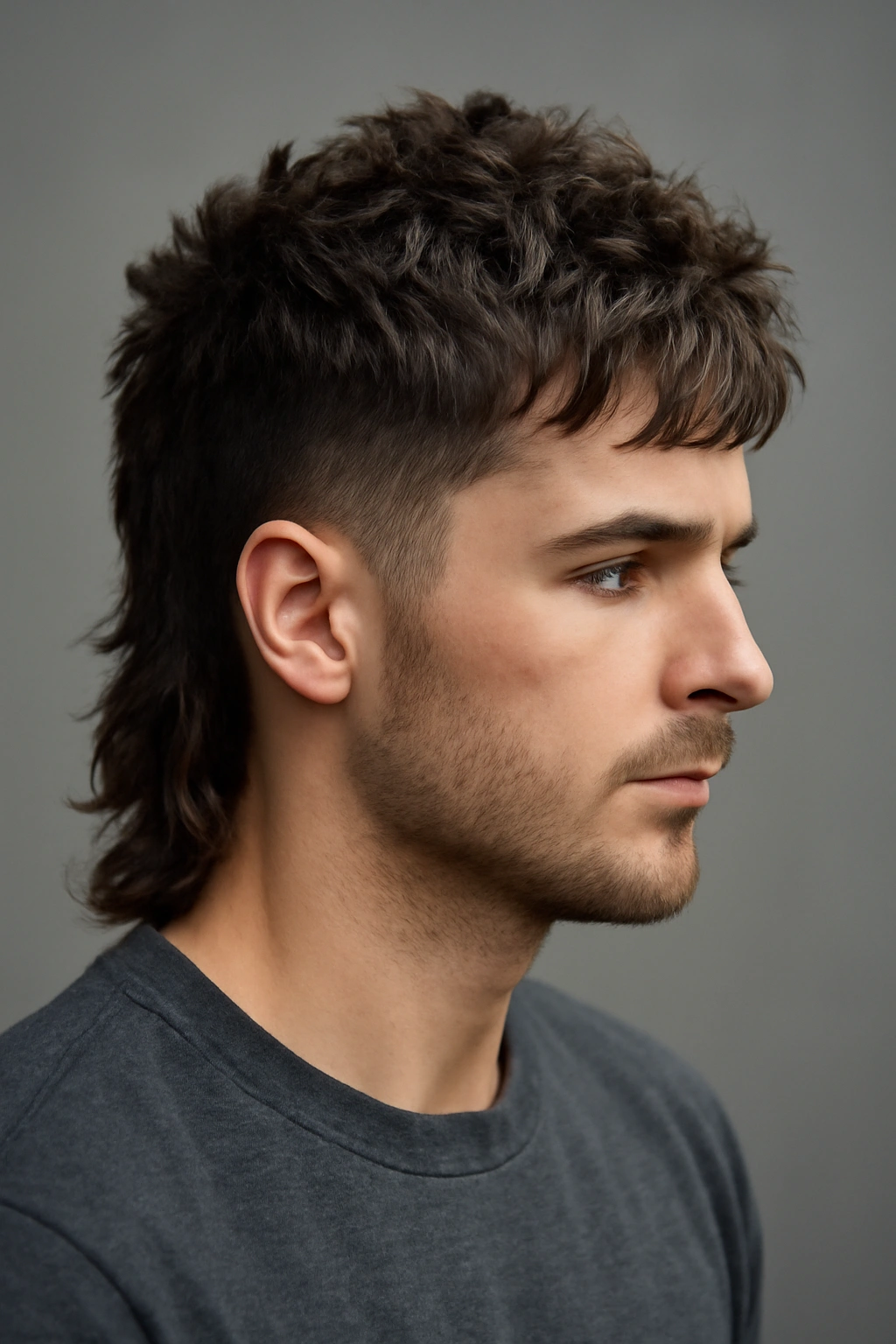 Close-up of textured modern mullet with short sides and layered top on thick hair