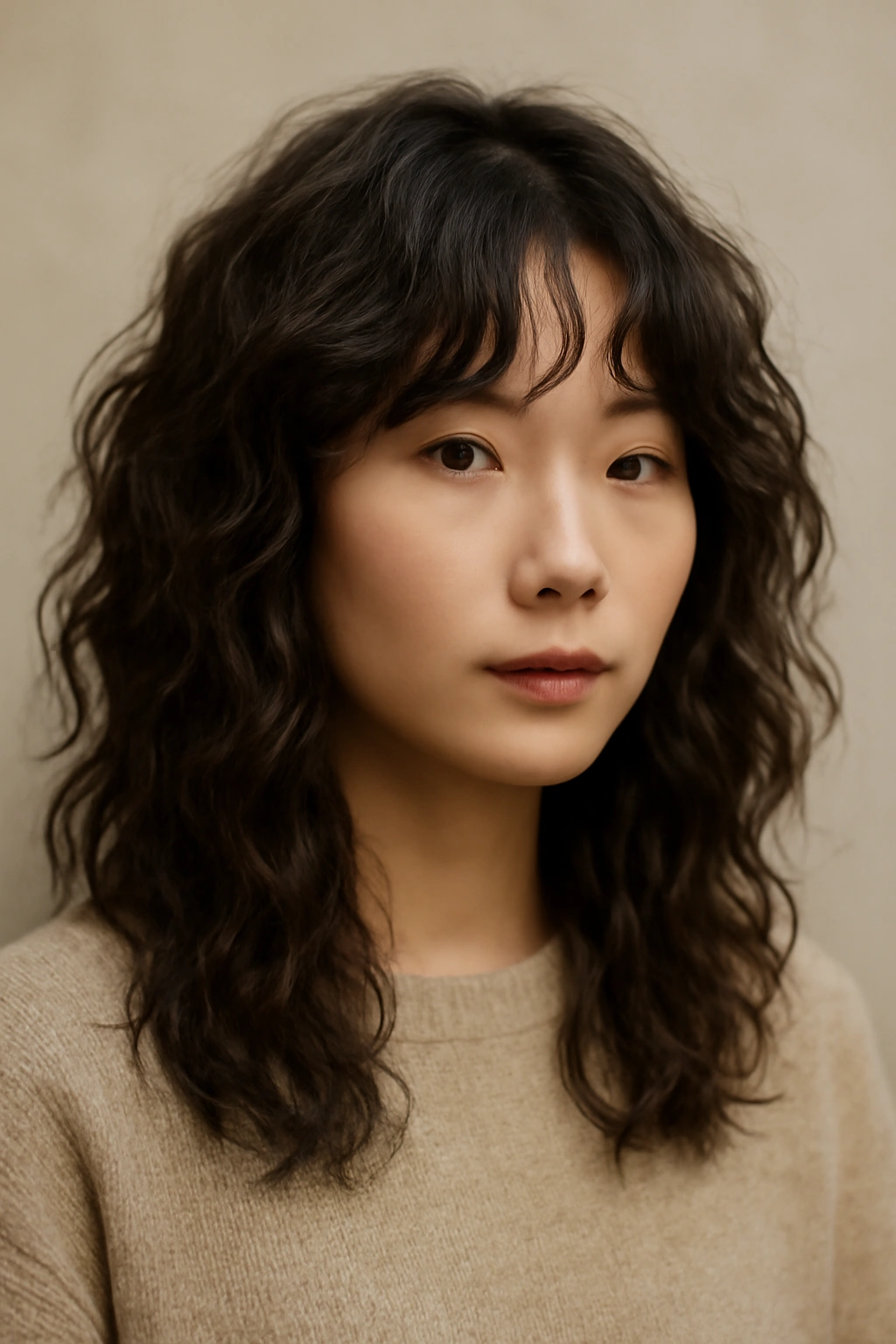 Textured perm with face-framing layers showing different wave patterns.