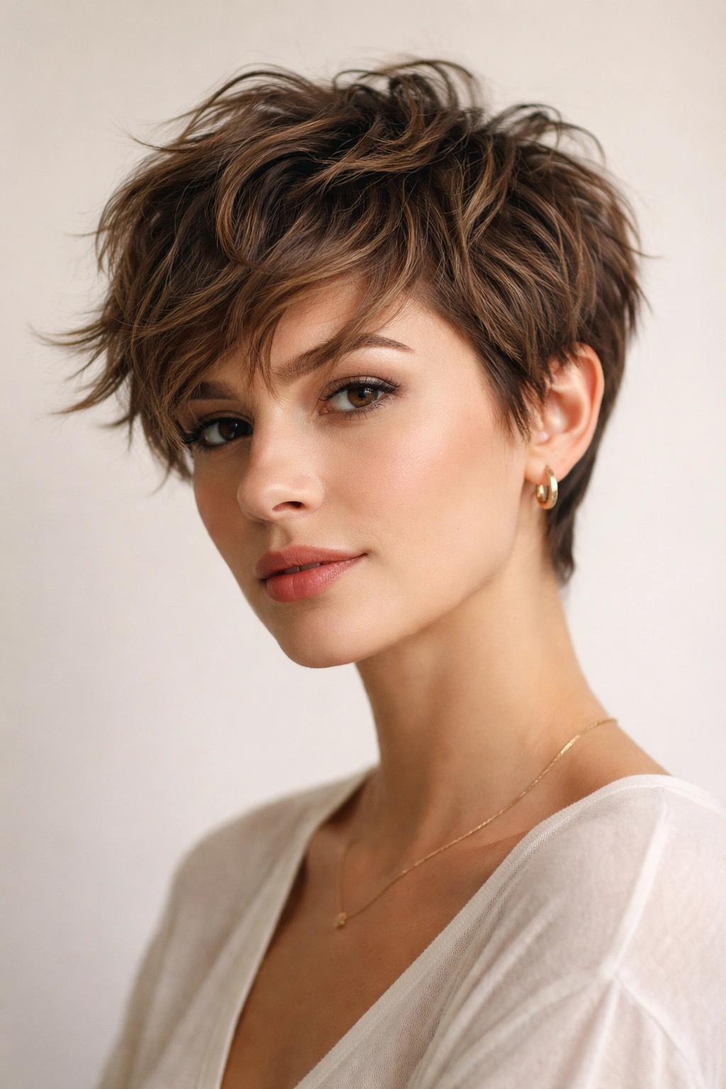 Close-up of a pixie with textured piece-y layers and visible strand separations