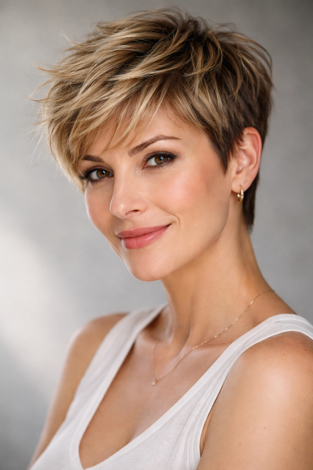 Textured tousled pixie with longer top and short sides showing movement