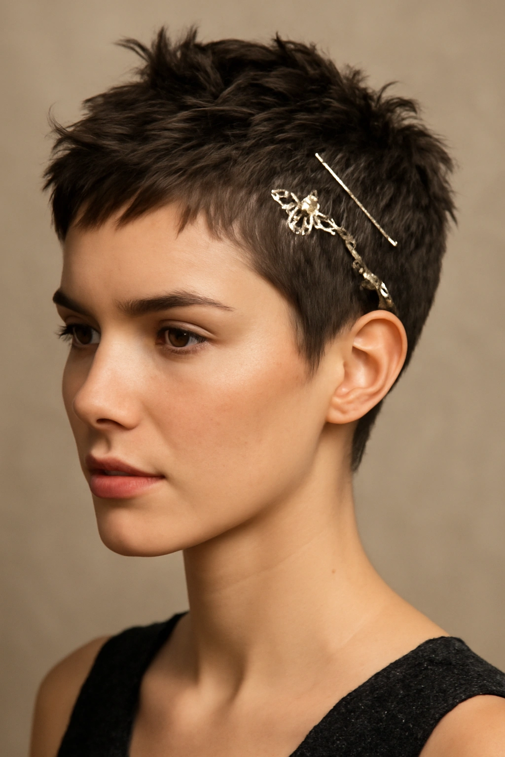 Textured pixie with decorative hair accessories in a studio portrait.