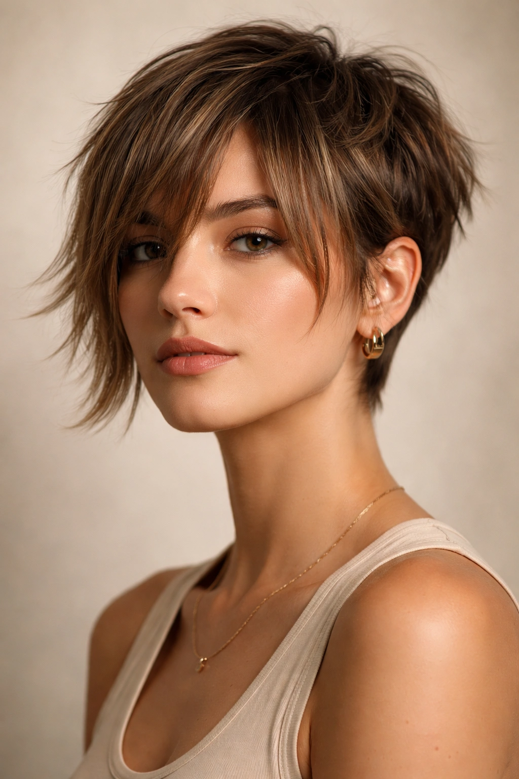 Close-up of a person with a textured pixie cut and long curtain bangs framing the face