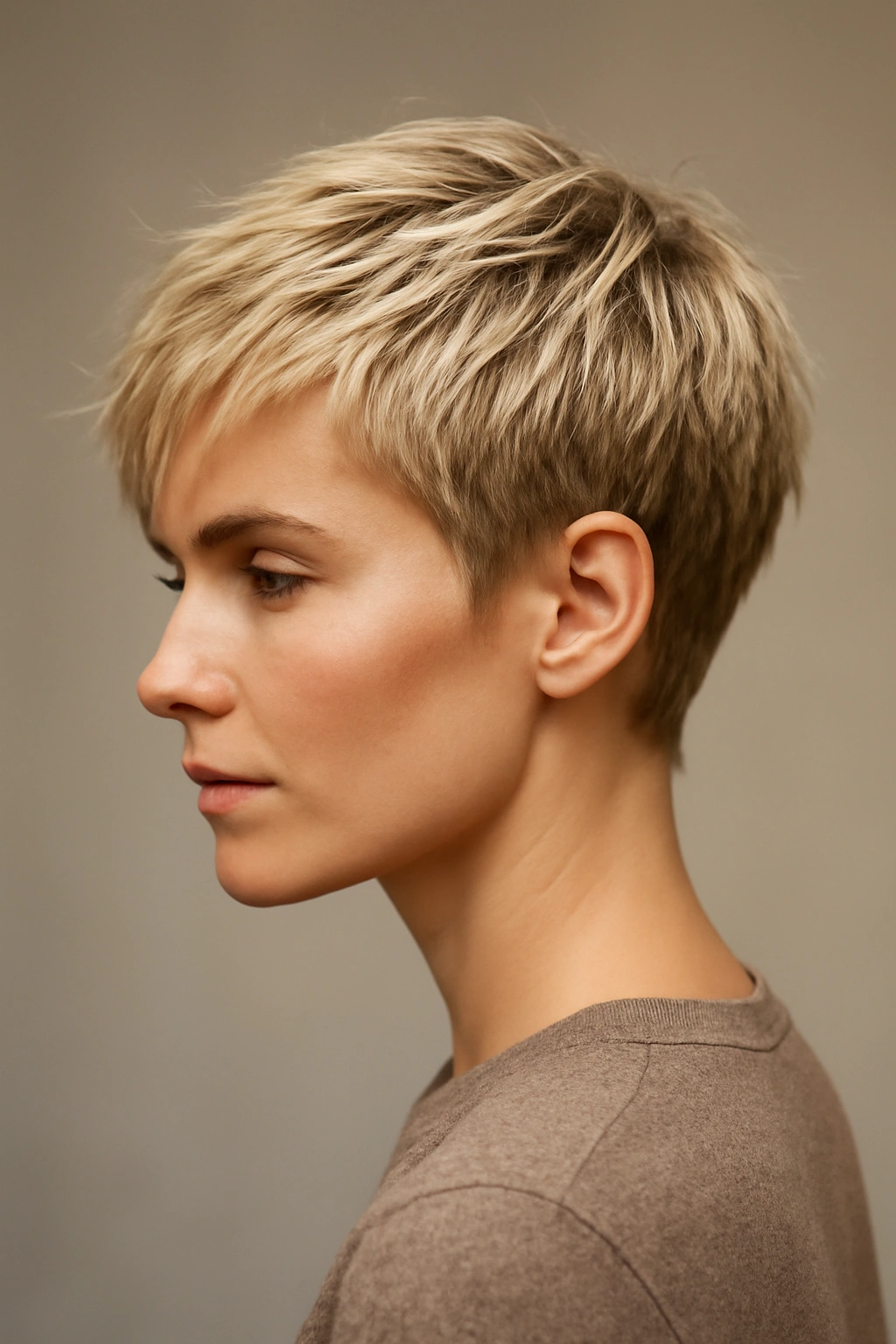Portrait of a blonde model with a textured pixie crop and choppy top in studio