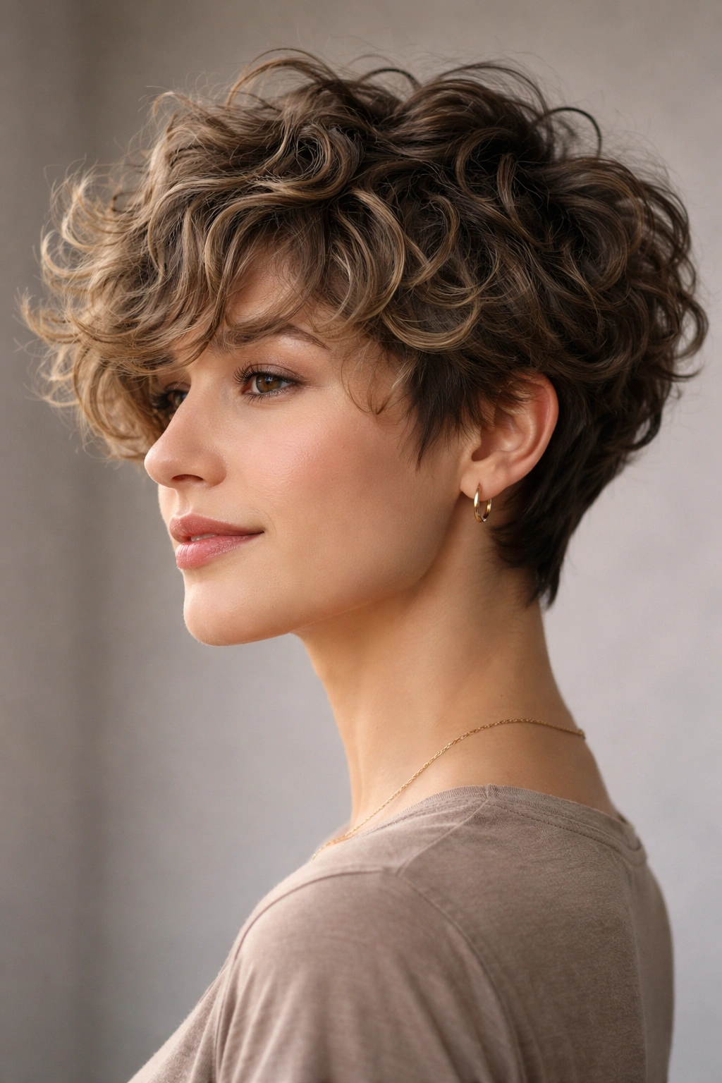 Close-up portrait of a textured pixie bob with choppy curls around ears and crown