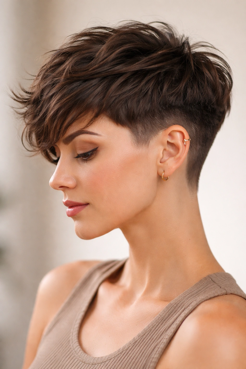 Textured pixie-bob fade on thick, wavy hair with visible top texture