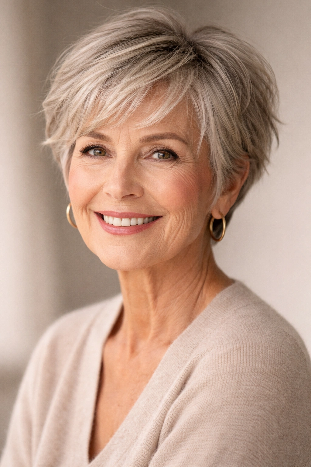 Mature woman with a textured pixie bob and soft movement