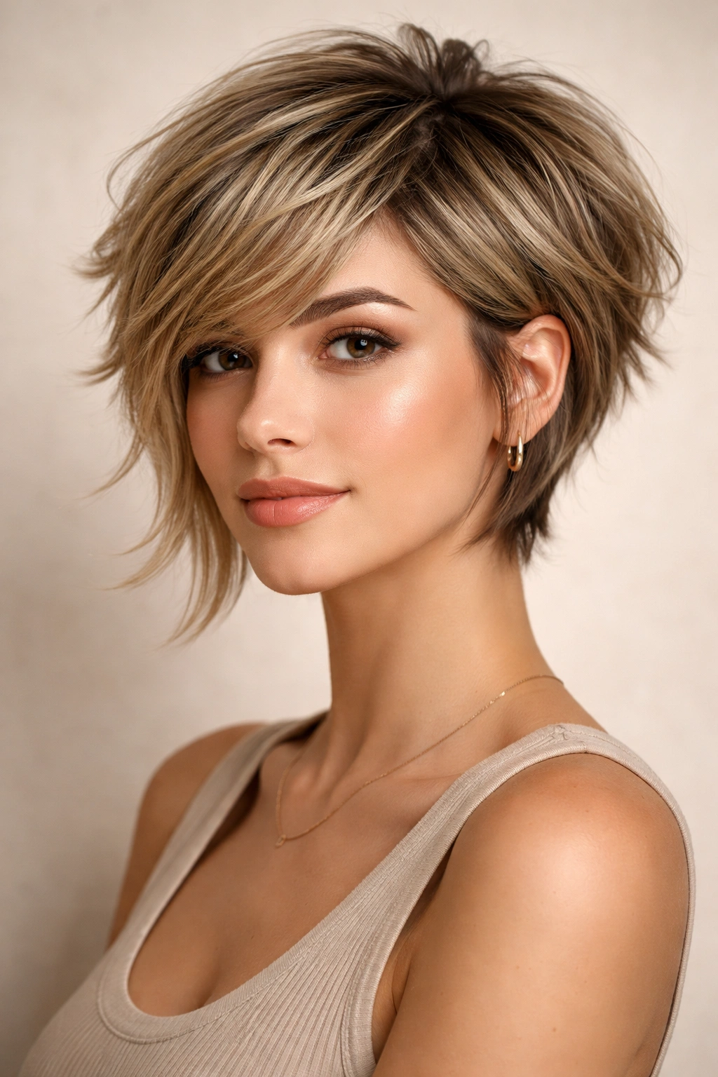 Textured pixie bob hairstyle with face-framing pieces and lifted crown.