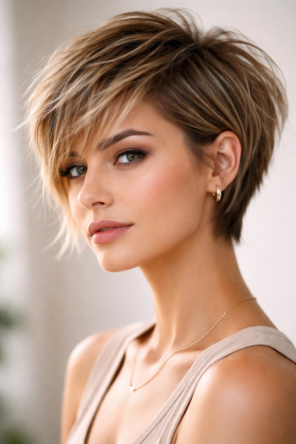 Textured pixie-bob hybrid hairstyle on model.