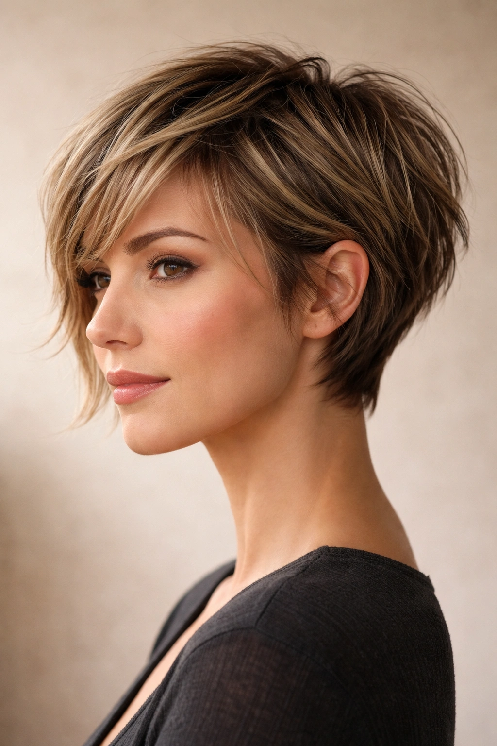 Profile view of a textured pixie-bob hybrid with choppy layers