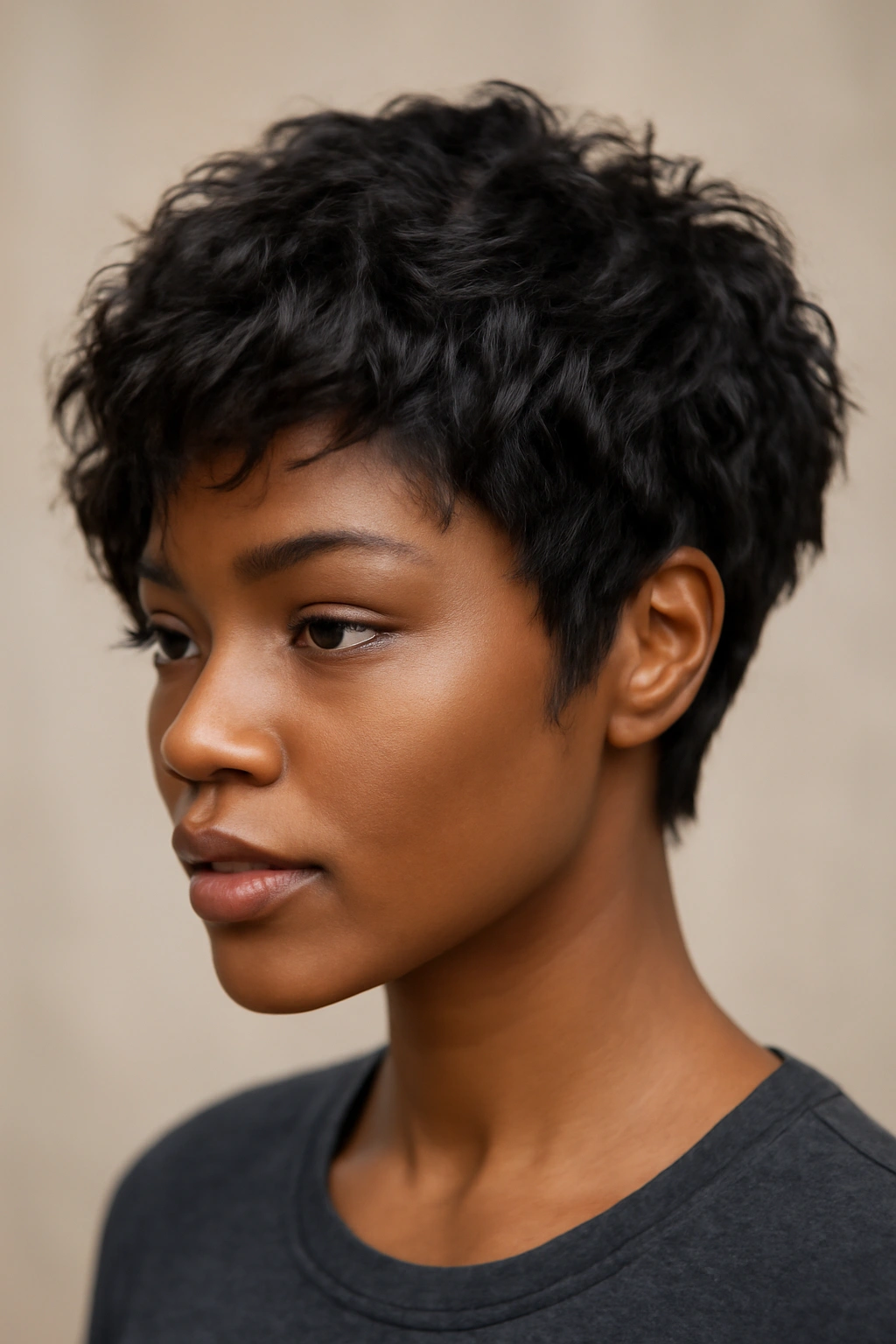 Side profile of a Black woman with a textured pixie bob, short layers and longer front pieces.