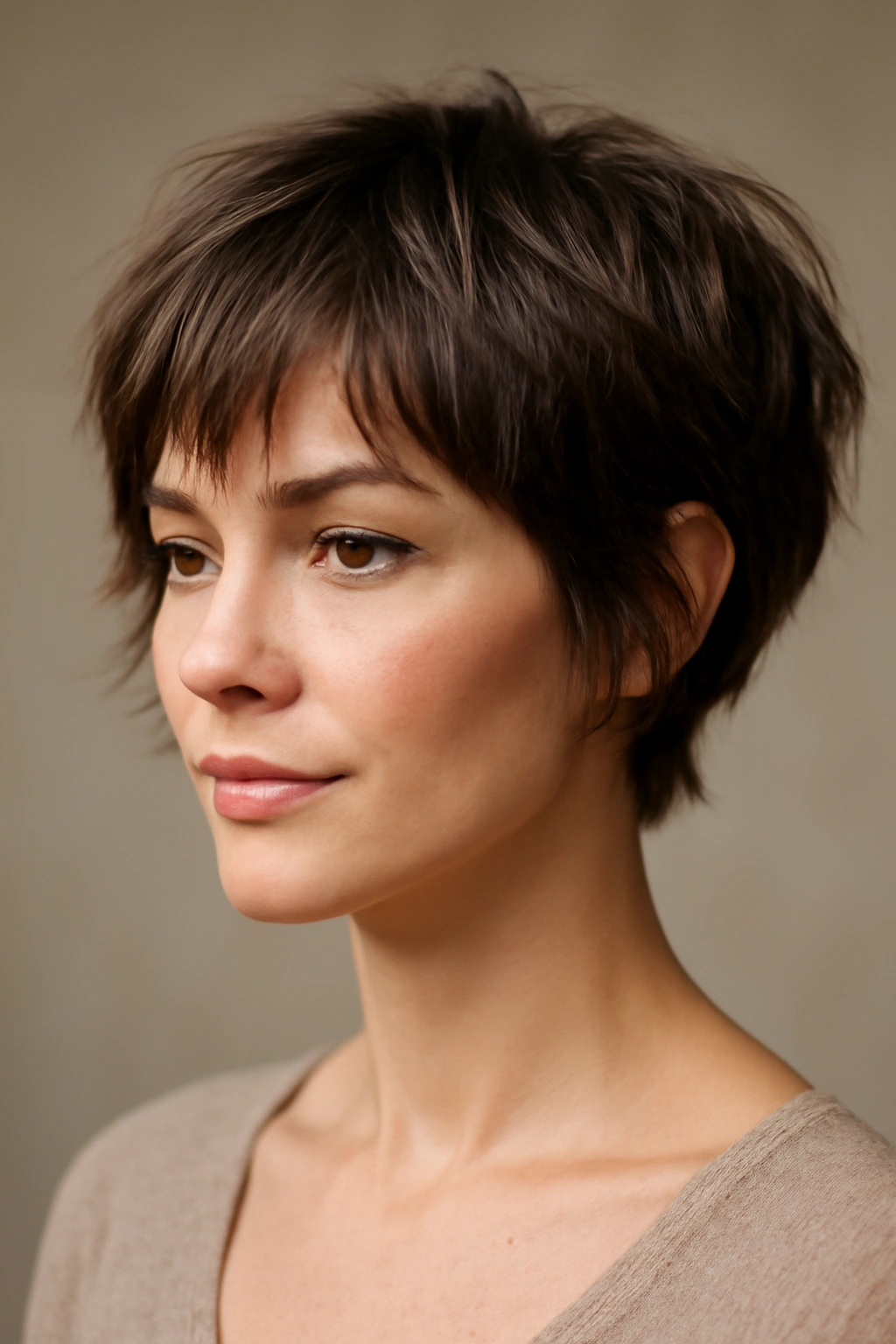 Close-up of textured pixie bob with wispy bangs