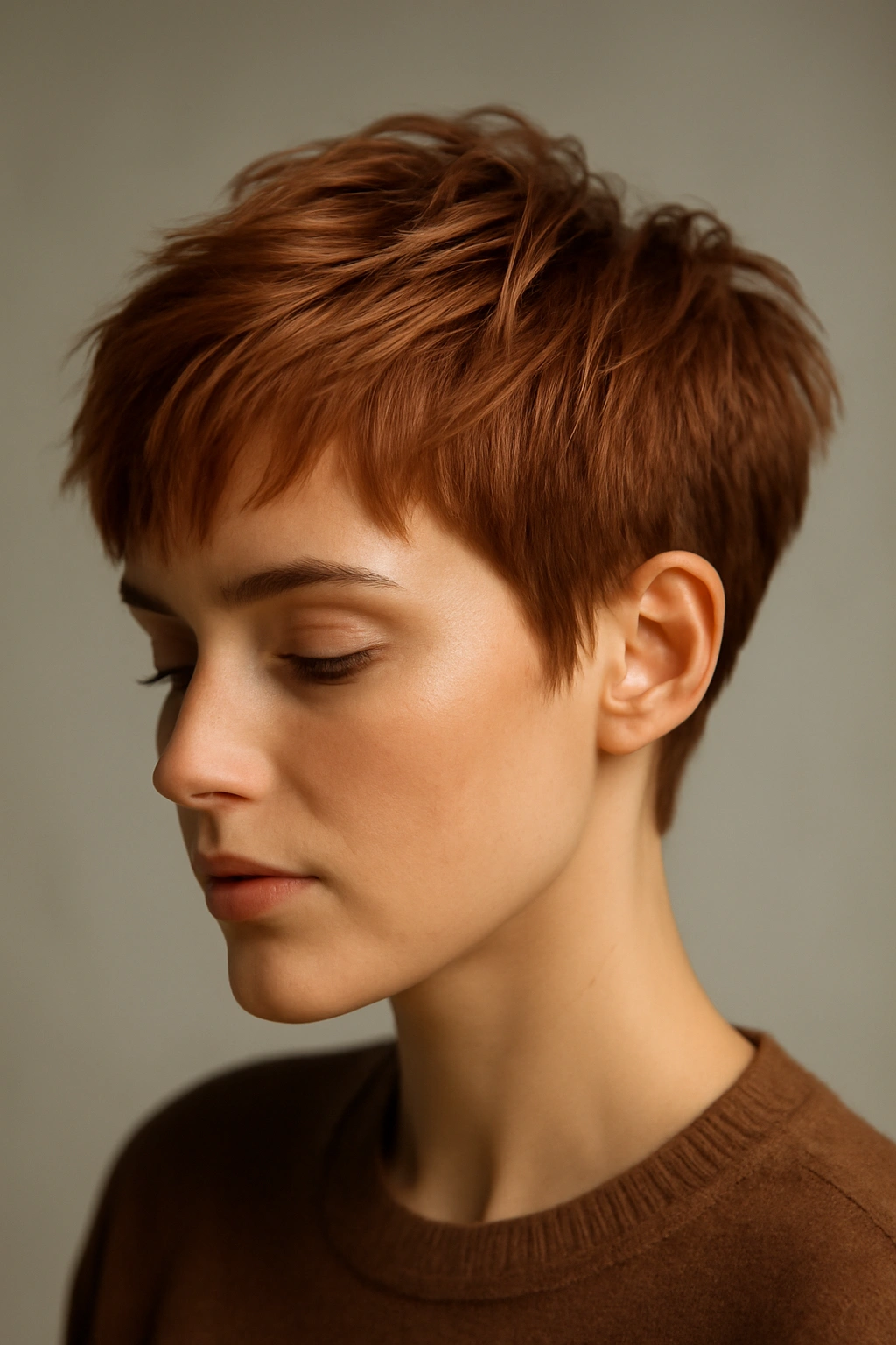 Textured pixie crop in burnished copper with choppy layers.