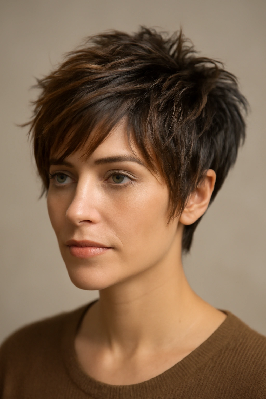 Close-up of a textured pixie hairstyle with caramel face-framing highlights
