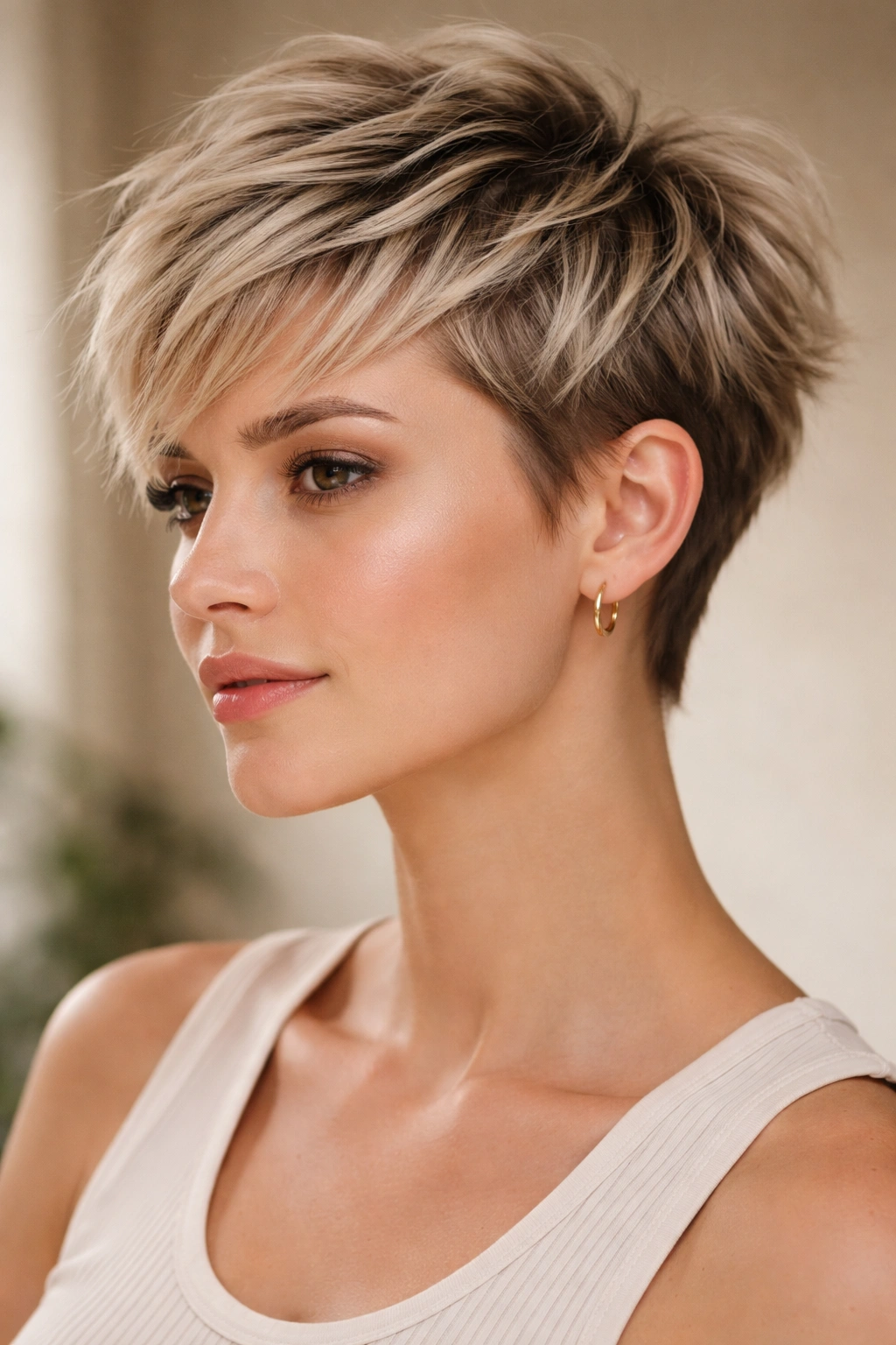Close-up of a textured pixie with choppy layers