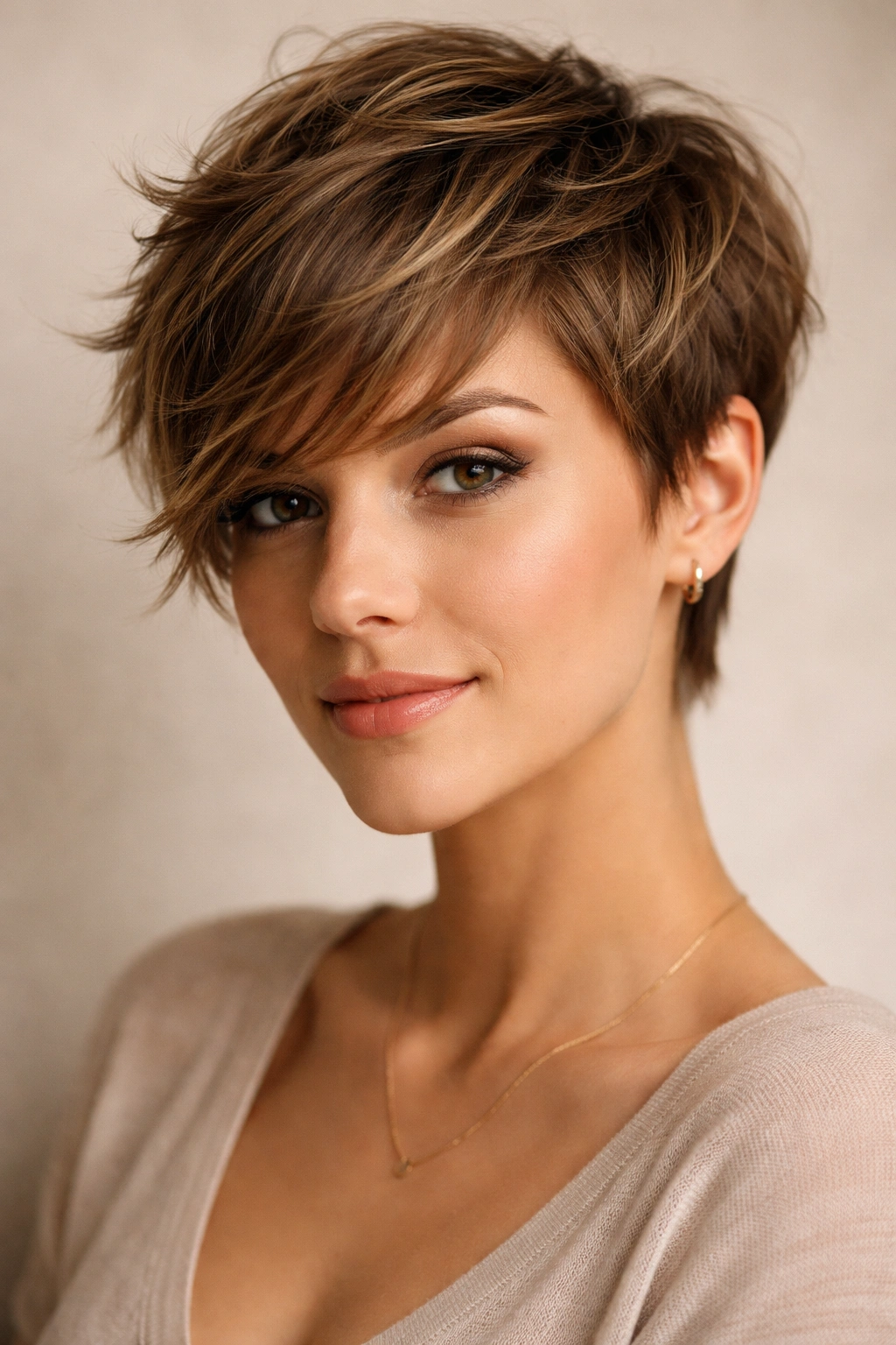 Close-up of Textured Choppy Pixie with Side Sweep showing choppy layers and side-framed fringe