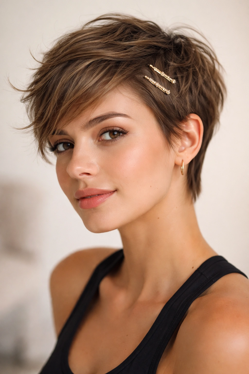 Textured pixie cut with small clips