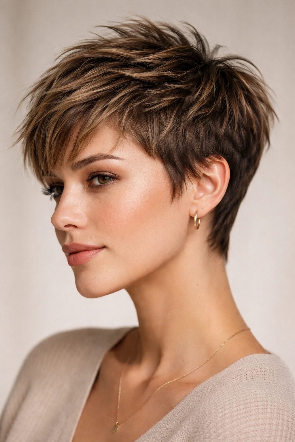 Close-up of a textured pixie cut with layered crown and tousled ends, cowlick-friendly.