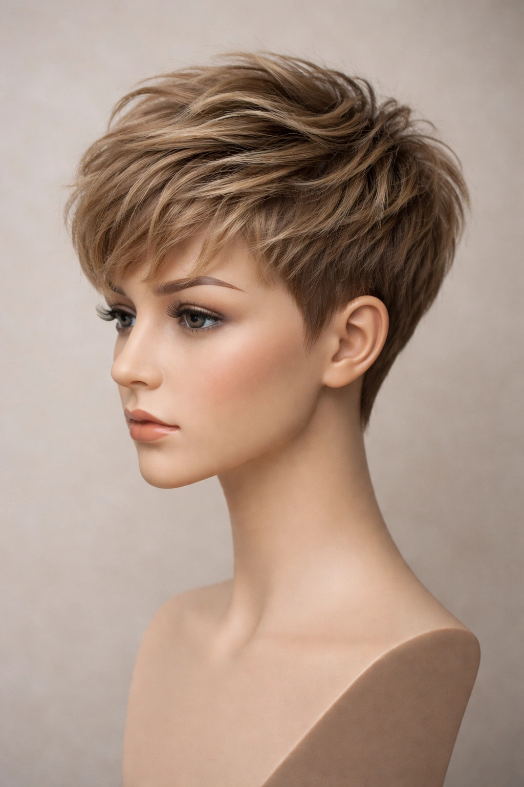 Textured pixie crop hairstyle on a head mannequin in studio lighting