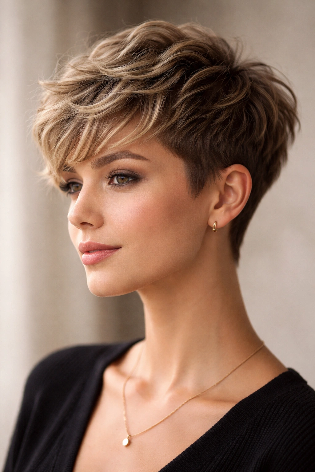 Frontal view of The Textured Pixie Crop showing longer textured top