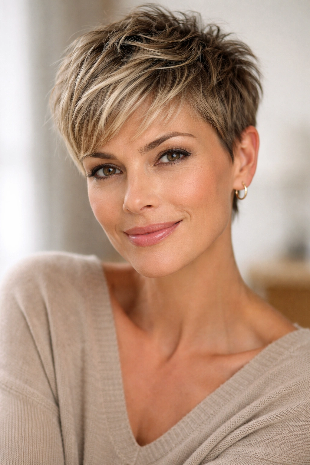 Close-up of a person with a short textured pixie crop and choppy layers.